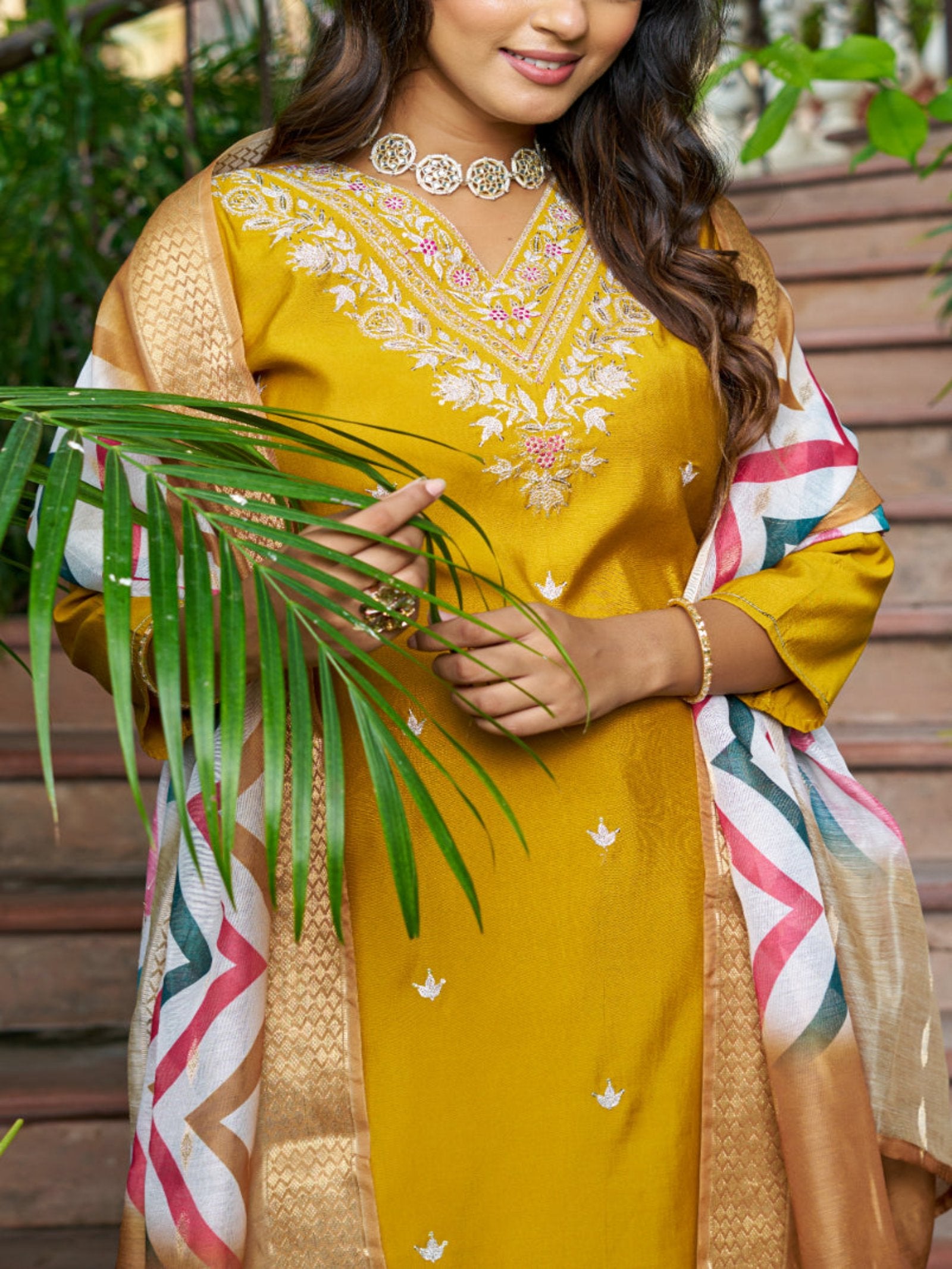 Maluka Women Roman Silk Solid Embroidery Kurta Pant with Dupatta Set