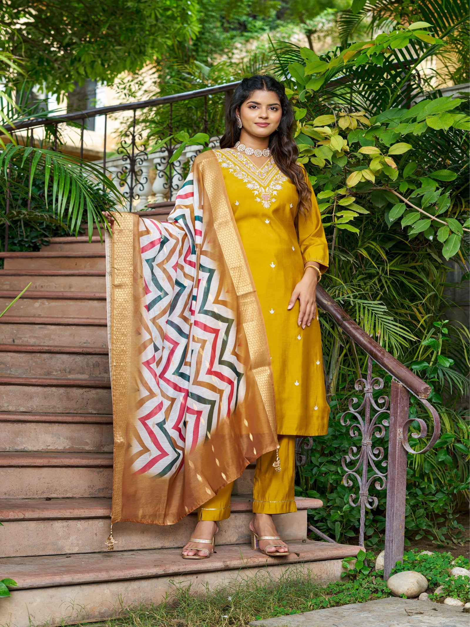 Maluka Women Roman Silk Solid Embroidery Kurta Pant with Dupatta Set