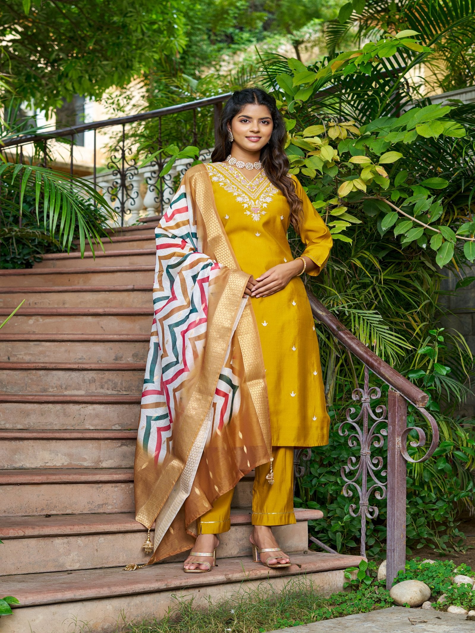Maluka Women Roman Silk Solid Embroidery Kurta Pant with Dupatta Set