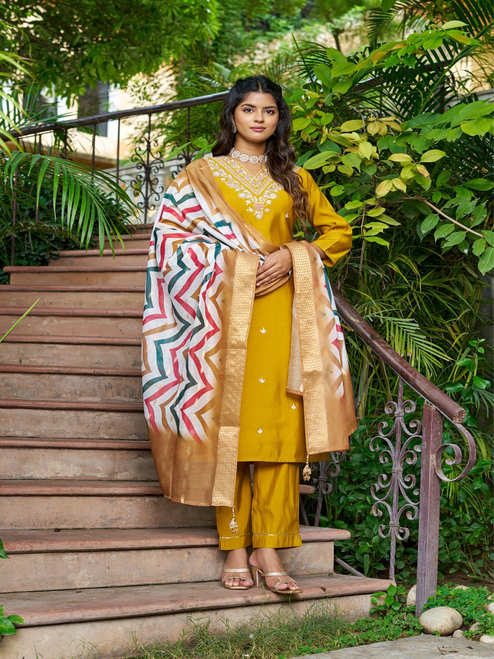 Maluka Women Roman Silk Solid Embroidery Kurta Pant with Dupatta Set