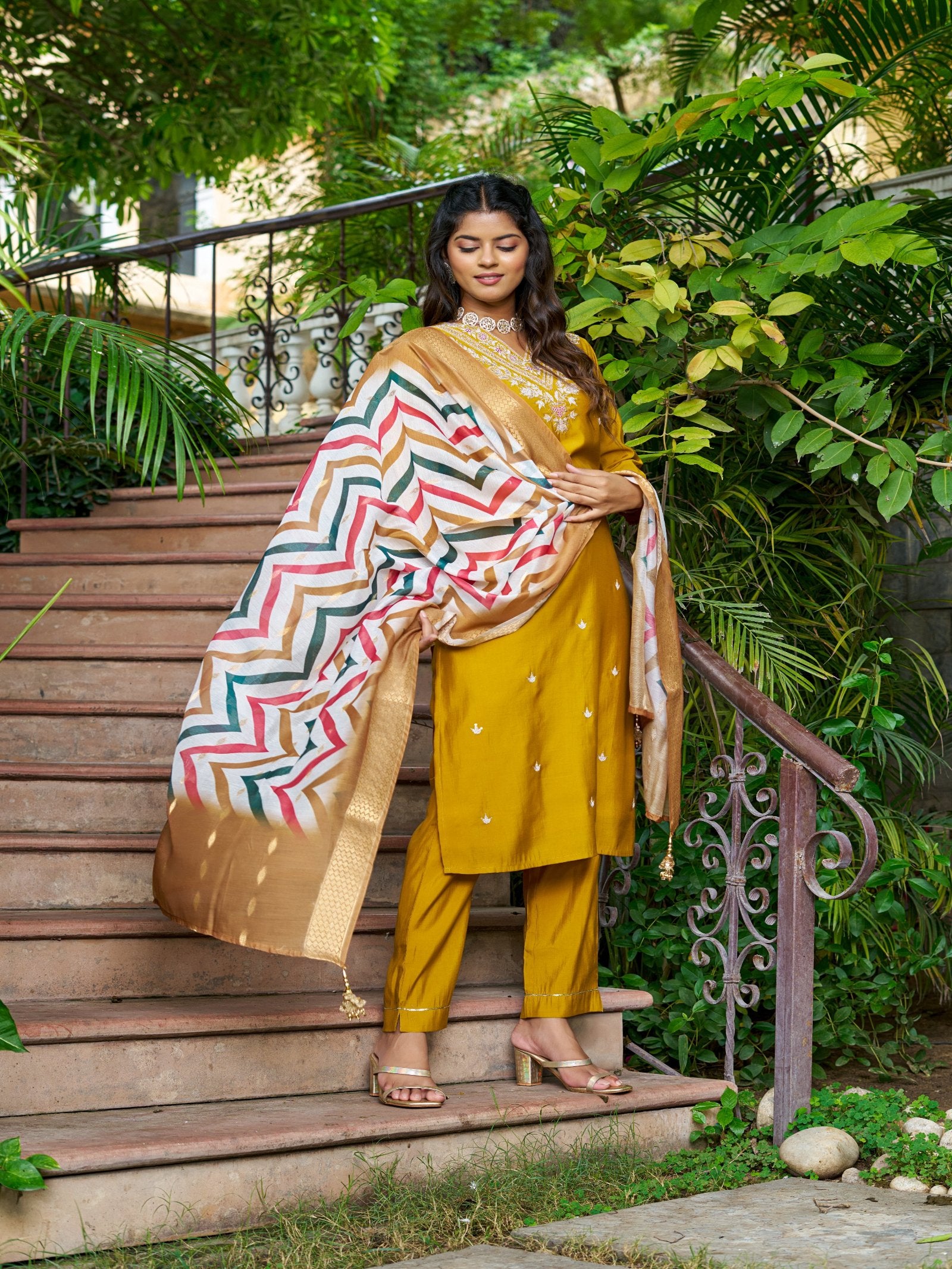 Maluka Women Roman Silk Solid Embroidery Kurta Pant with Dupatta Set