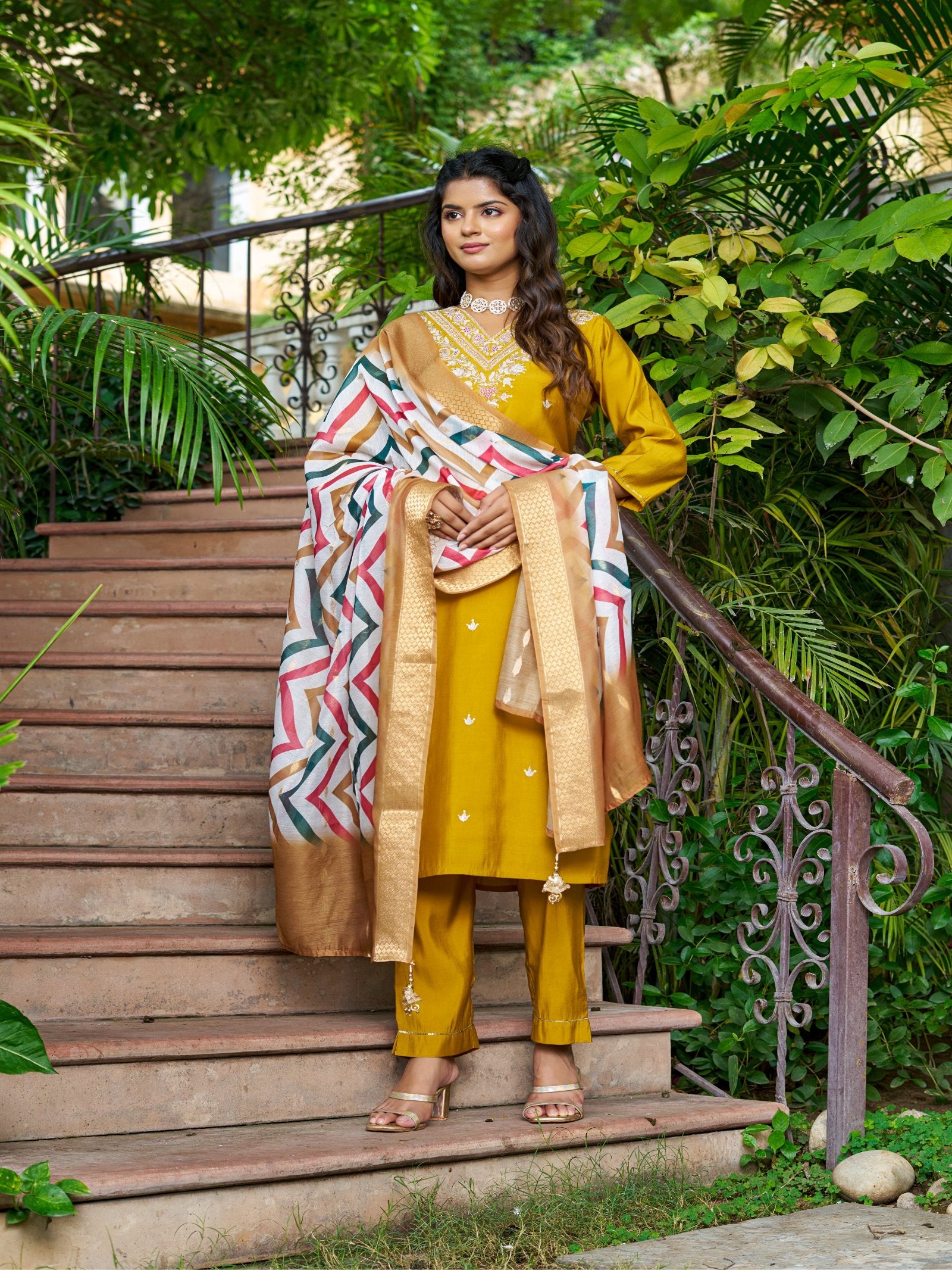 Maluka Women Roman Silk Solid Embroidery Kurta Pant with Dupatta Set