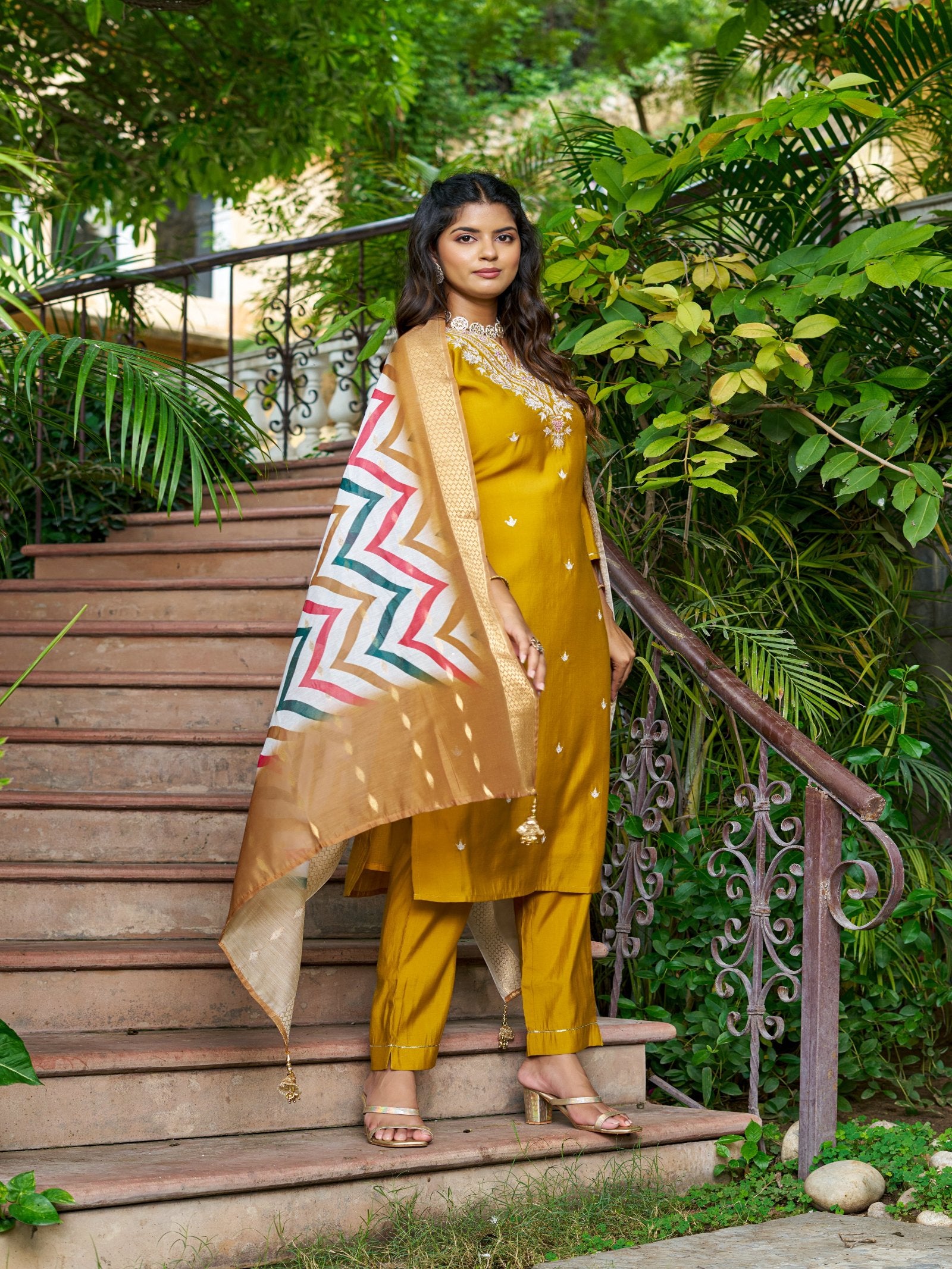 Maluka Women Roman Silk Solid Embroidery Kurta Pant with Dupatta Set