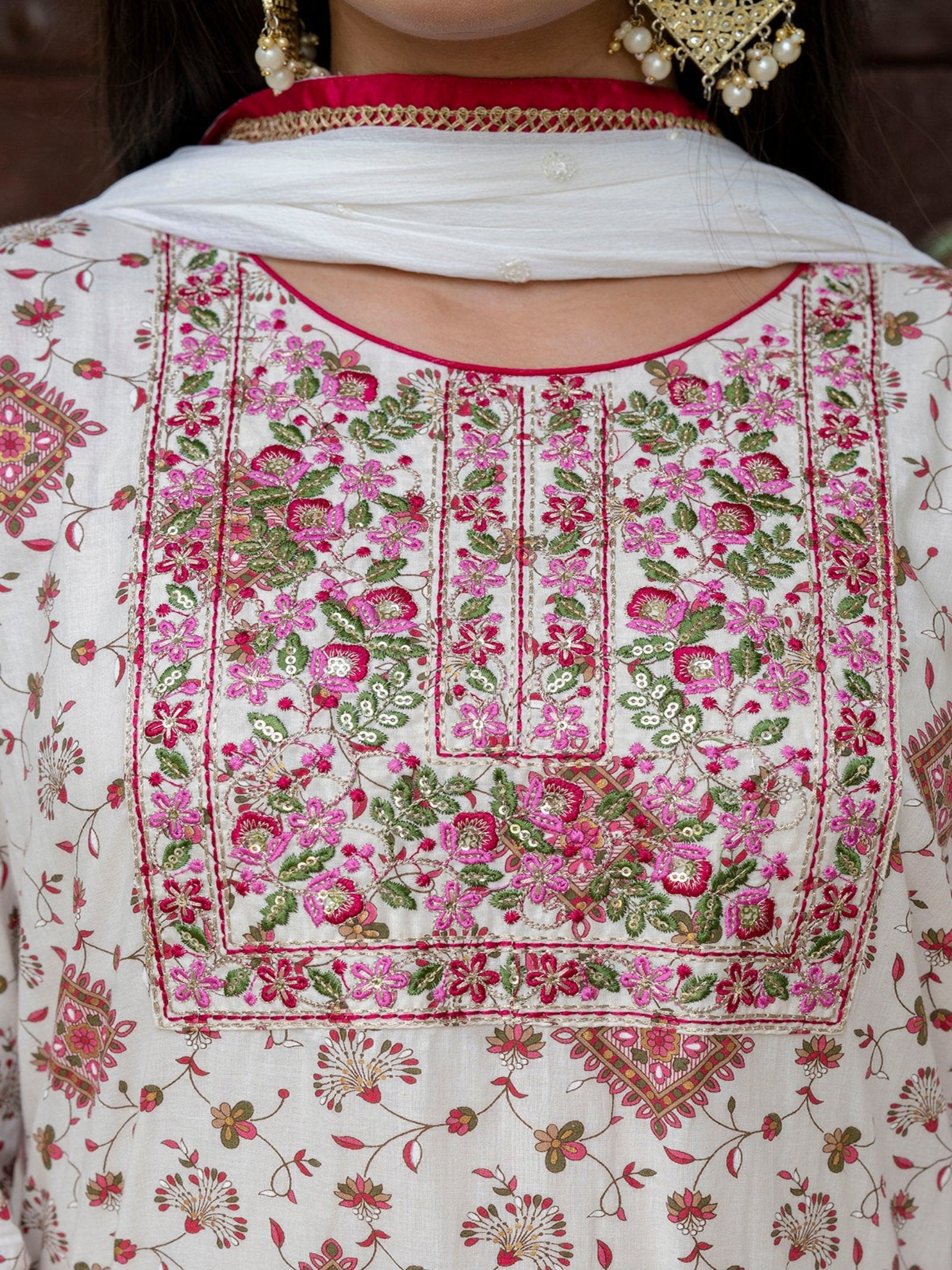 Maluka Women Cotton Foil Embroidered Kurta Sarara with Dupatta Set