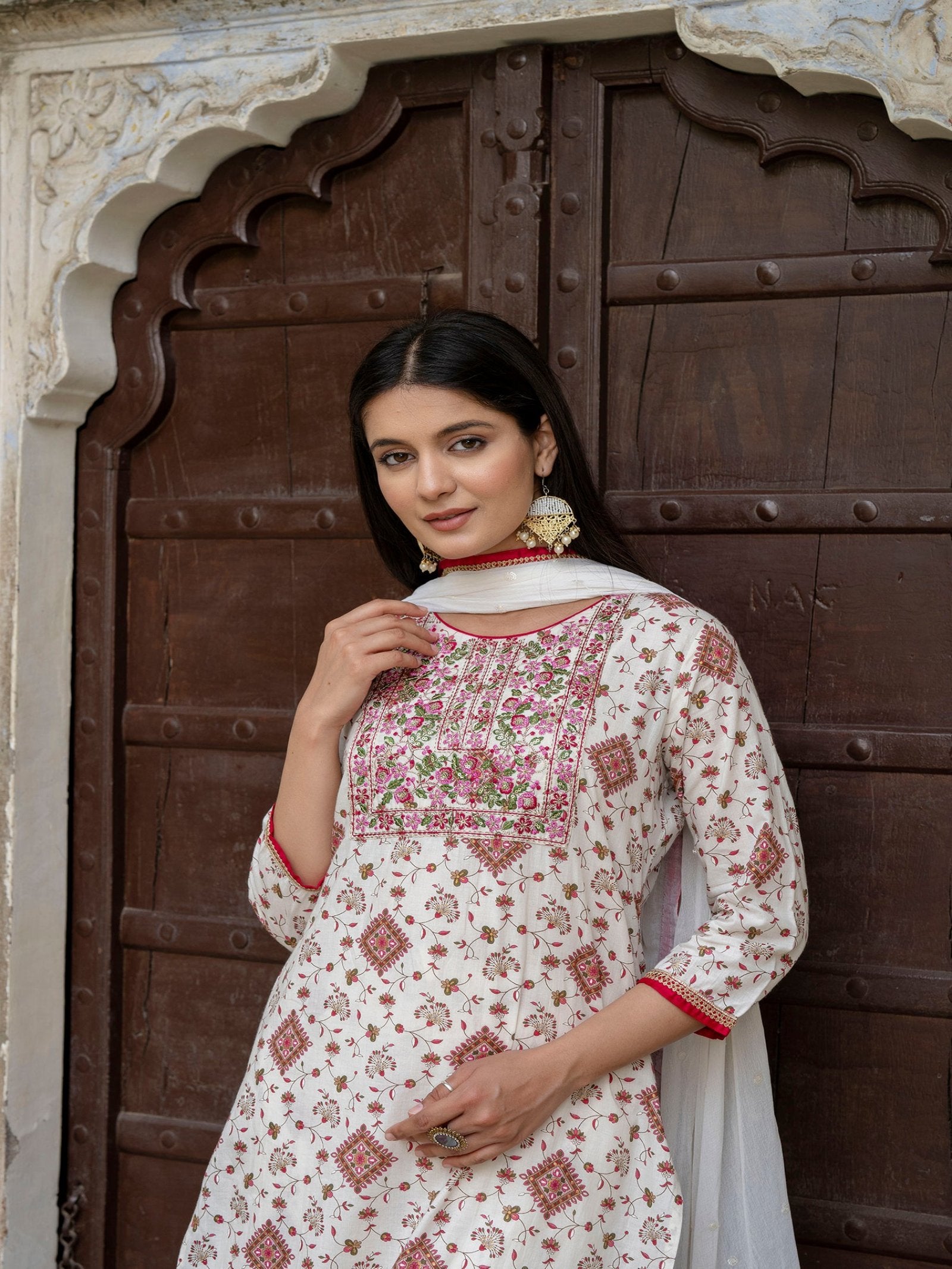 Maluka Women Cotton Foil Embroidered Kurta Sarara with Dupatta Set