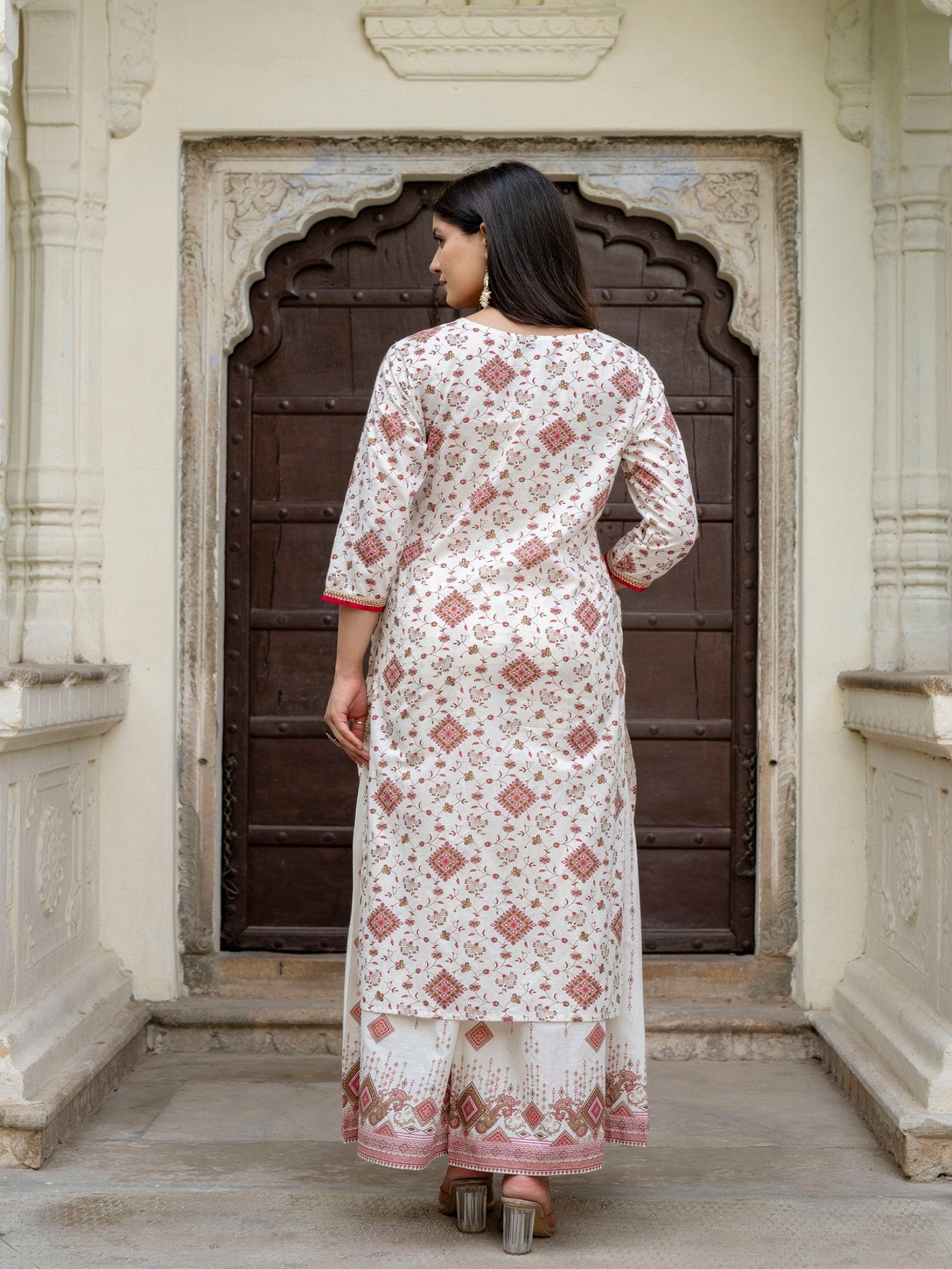 Maluka Women Cotton Foil Embroidered Kurta Sarara with Dupatta Set