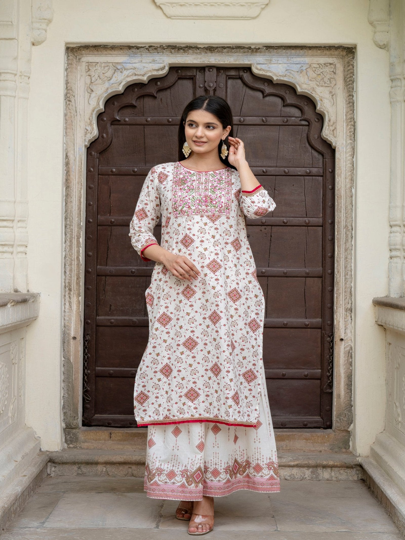 Maluka Women Cotton Foil Embroidered Kurta Sarara with Dupatta Set