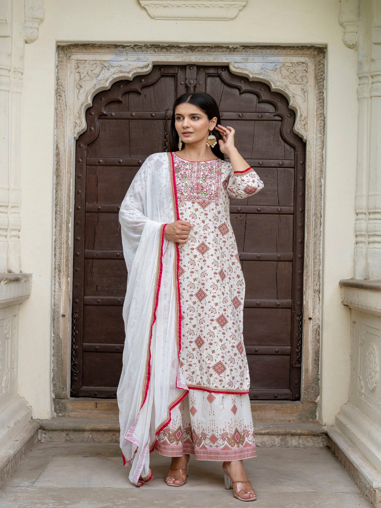 Maluka Women Cotton Foil Embroidered Kurta Sarara with Dupatta Set