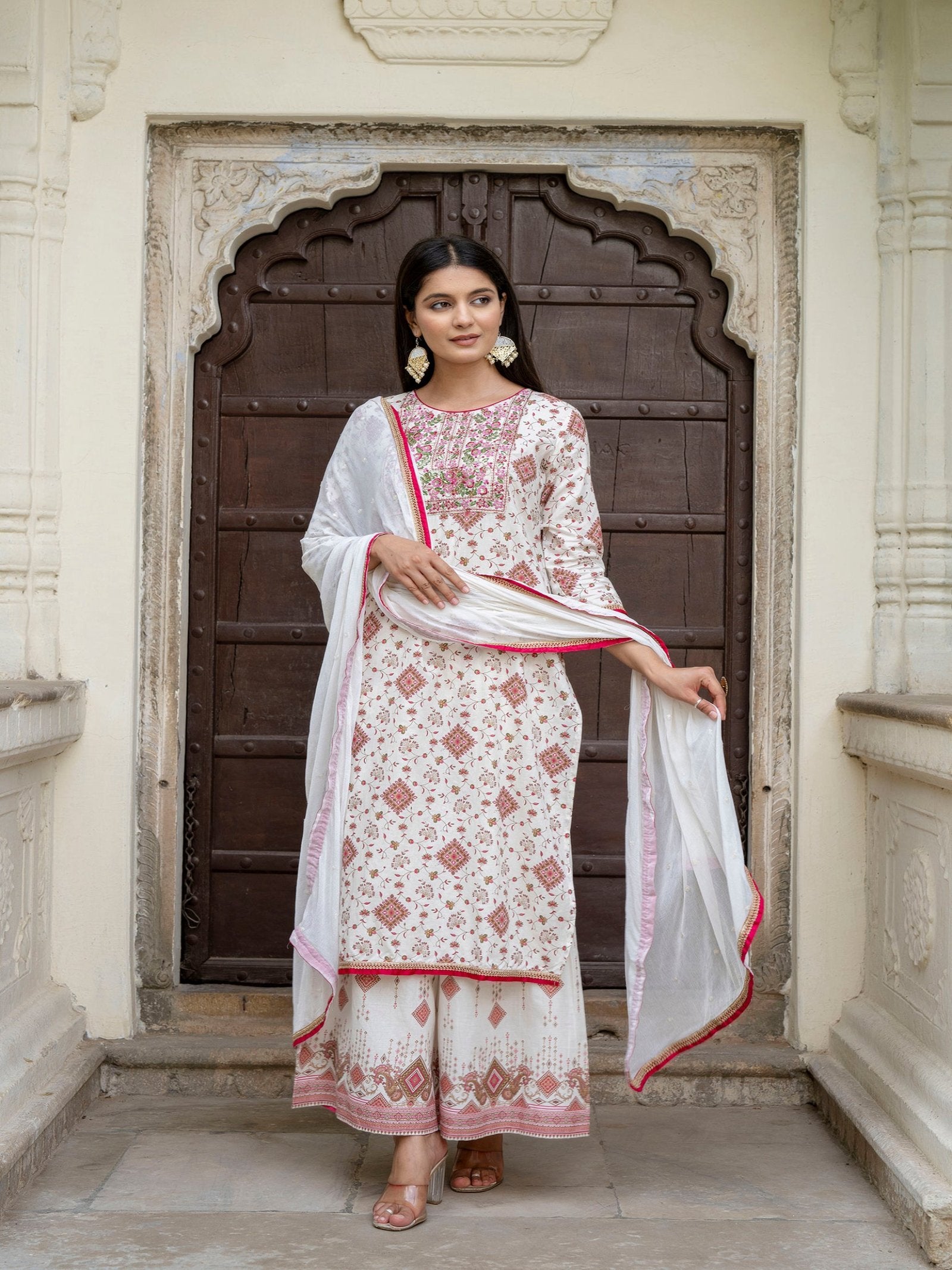 Maluka Women Cotton Foil Embroidered Kurta Sarara with Dupatta Set