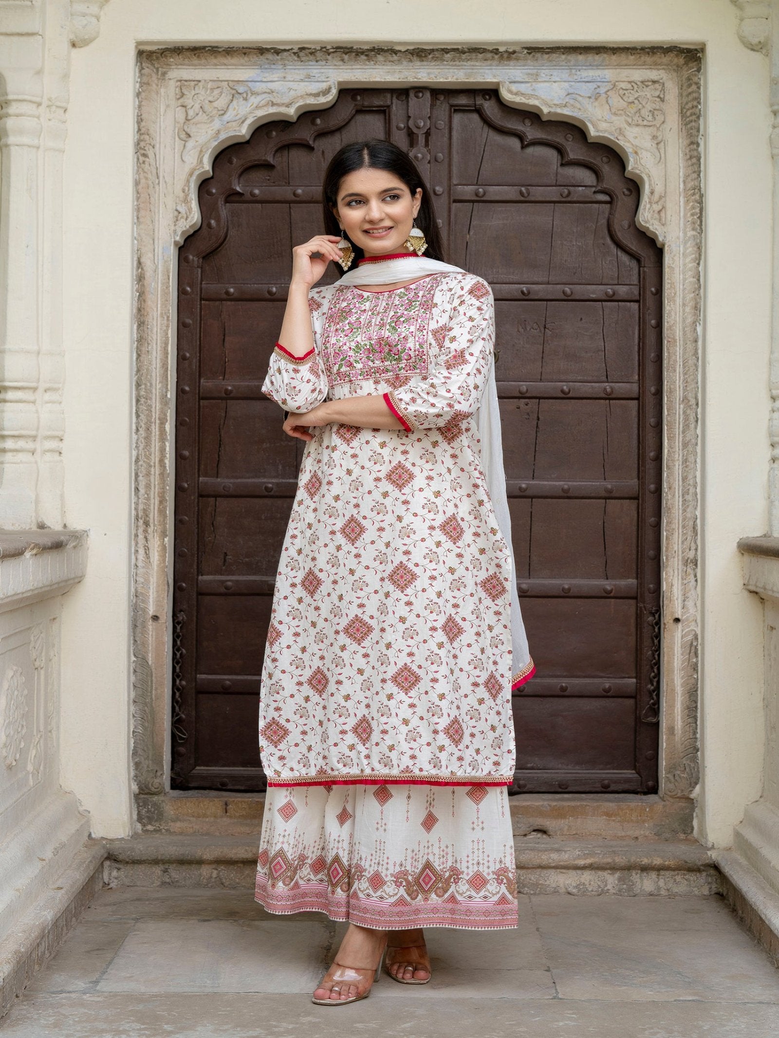 Maluka Women Cotton Foil Embroidered Kurta Sarara with Dupatta Set