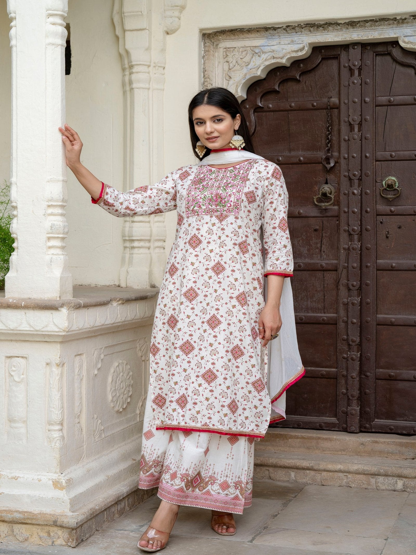 Maluka Women Cotton Foil Embroidered Kurta Sarara with Dupatta Set