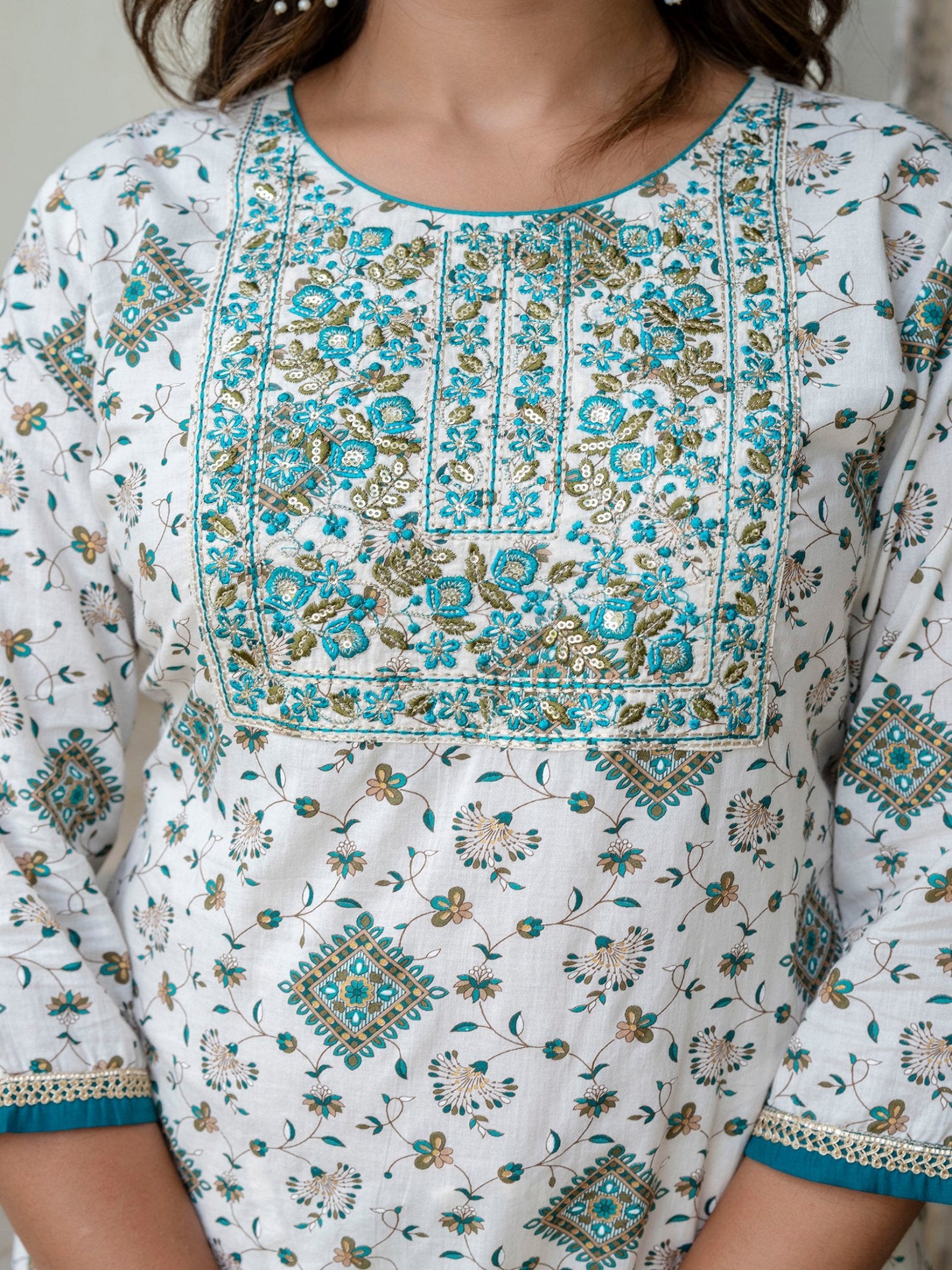 Maluka Women Cotton Foil Embroidered Kurta Sarara with Dupatta Set