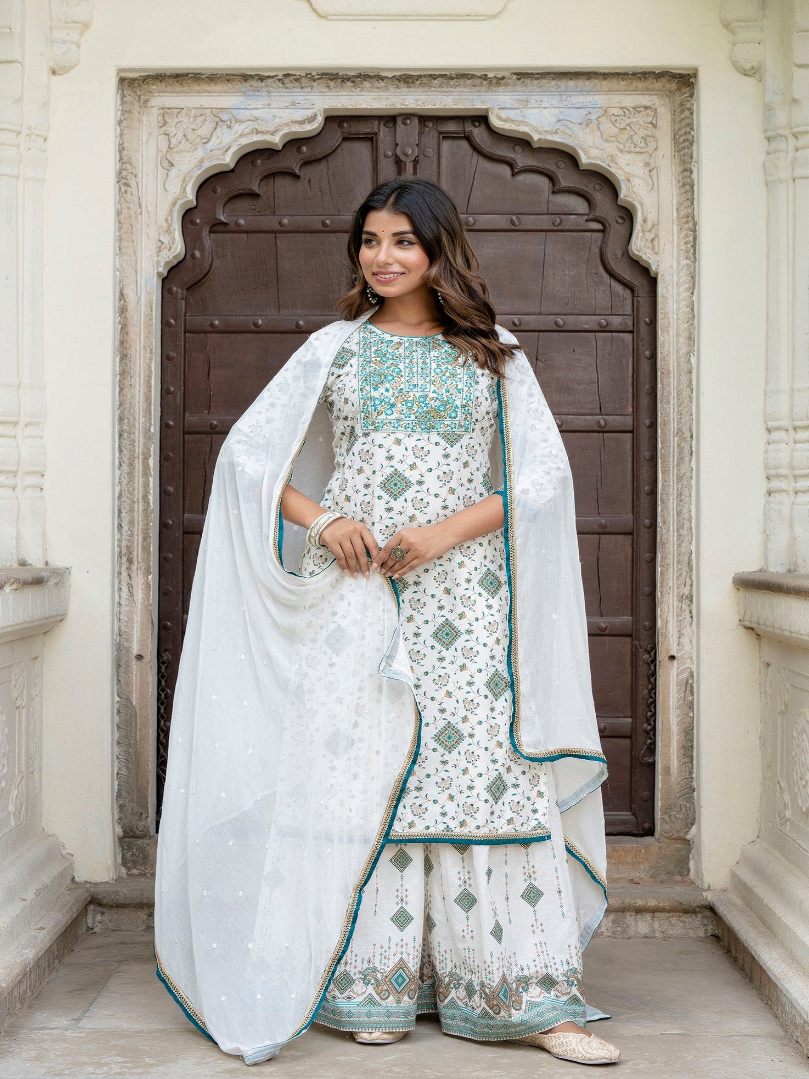 Maluka Women Cotton Foil Embroidered Kurta Sarara with Dupatta Set