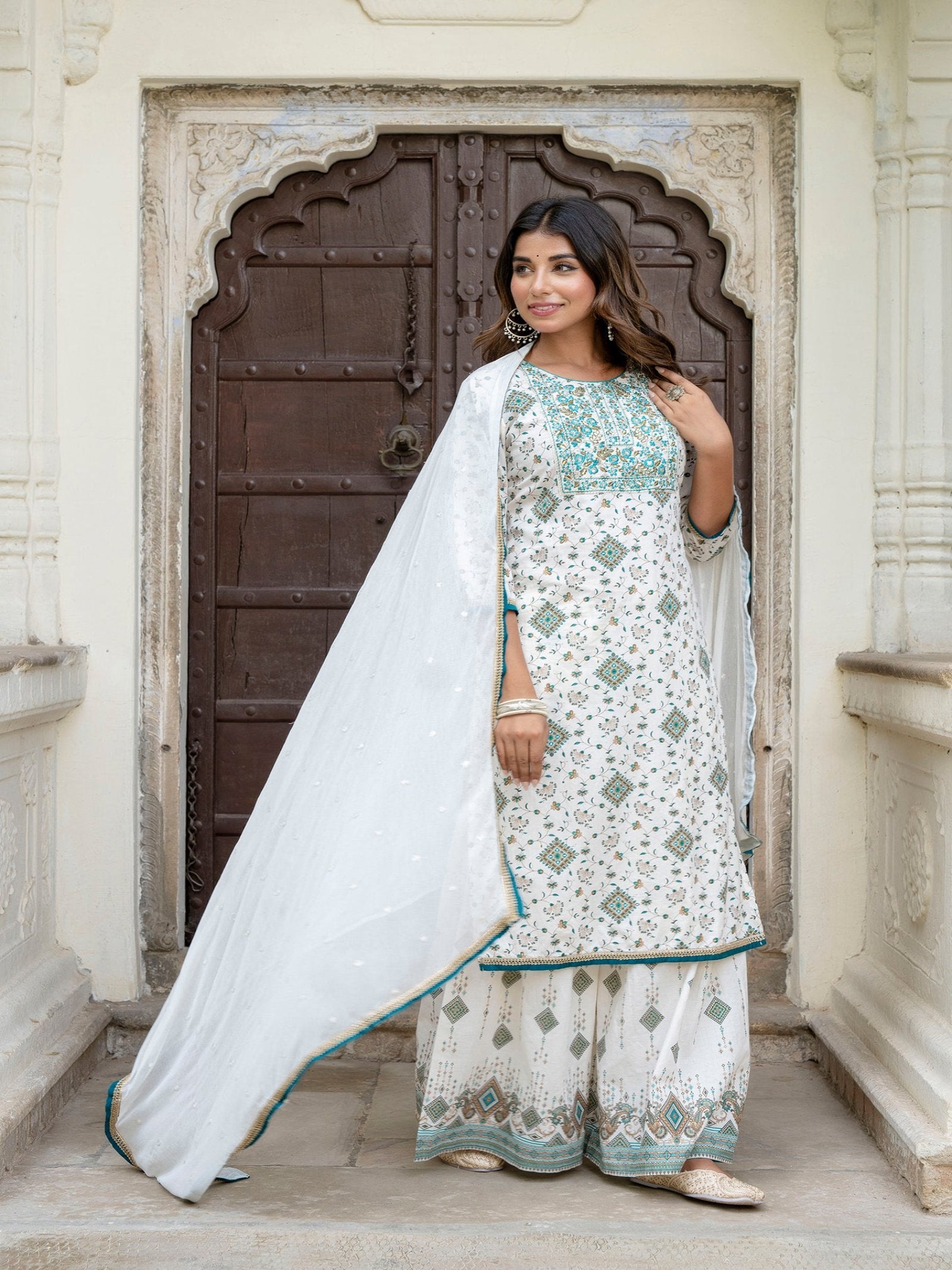 Maluka Women Cotton Foil Embroidered Kurta Sarara with Dupatta Set