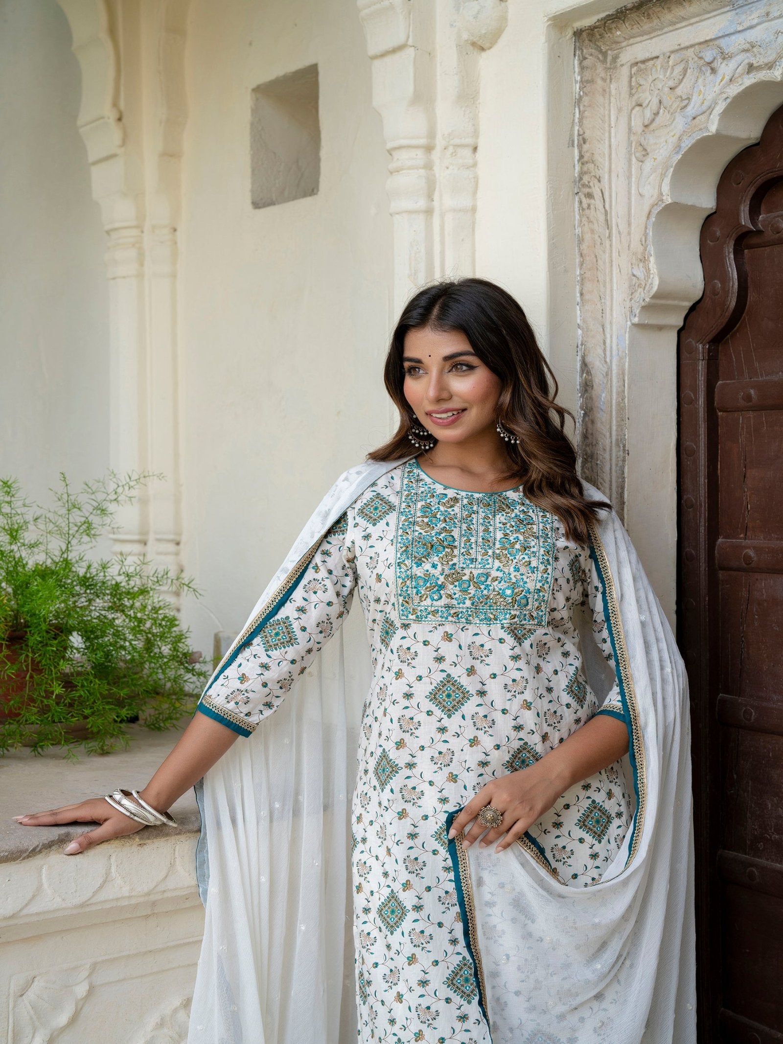 Maluka Women Cotton Foil Embroidered Kurta Sarara with Dupatta Set