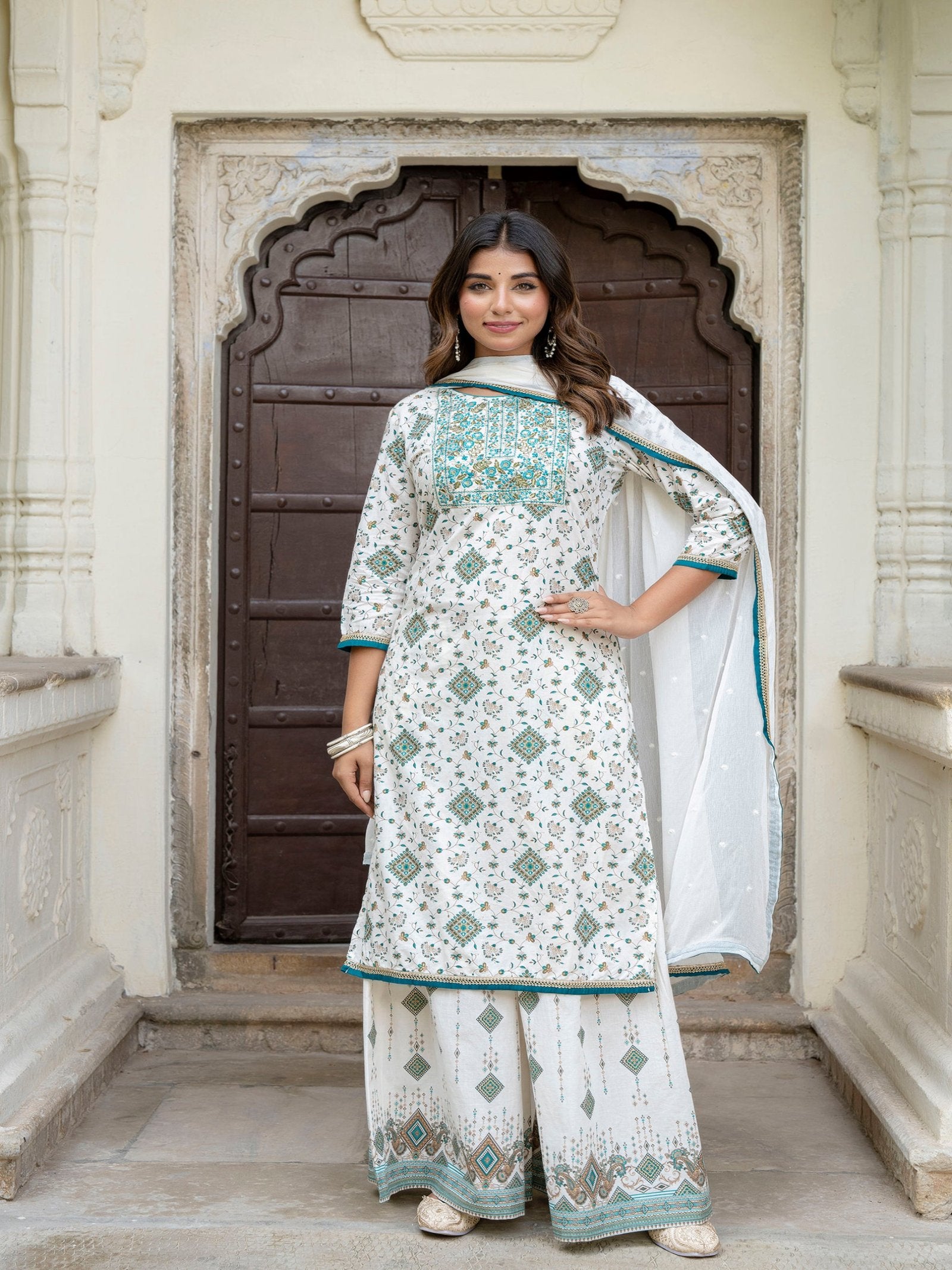 Maluka Women Cotton Foil Embroidered Kurta Sarara with Dupatta Set