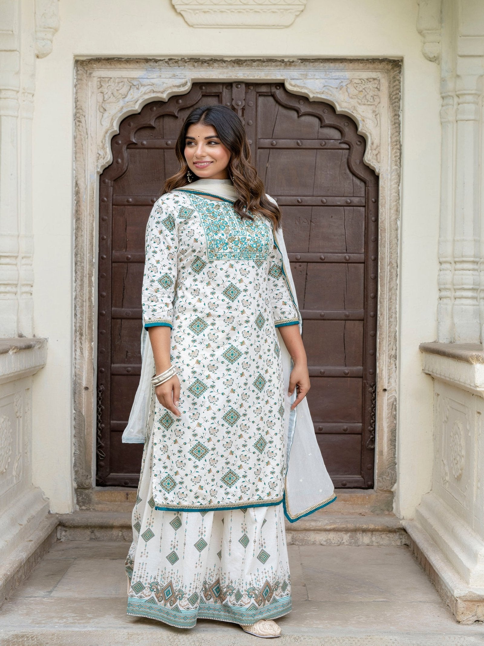 Maluka Women Cotton Foil Embroidered Kurta Sarara with Dupatta Set