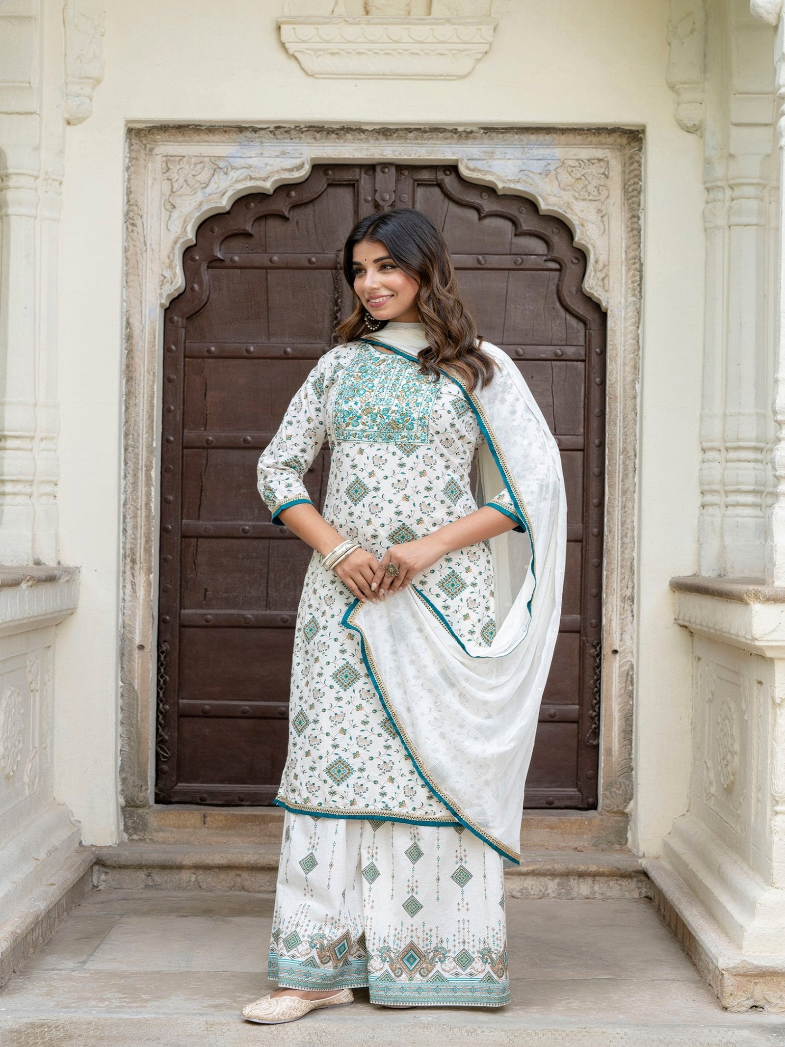 Maluka Women Cotton Foil Embroidered Kurta Sarara with Dupatta Set