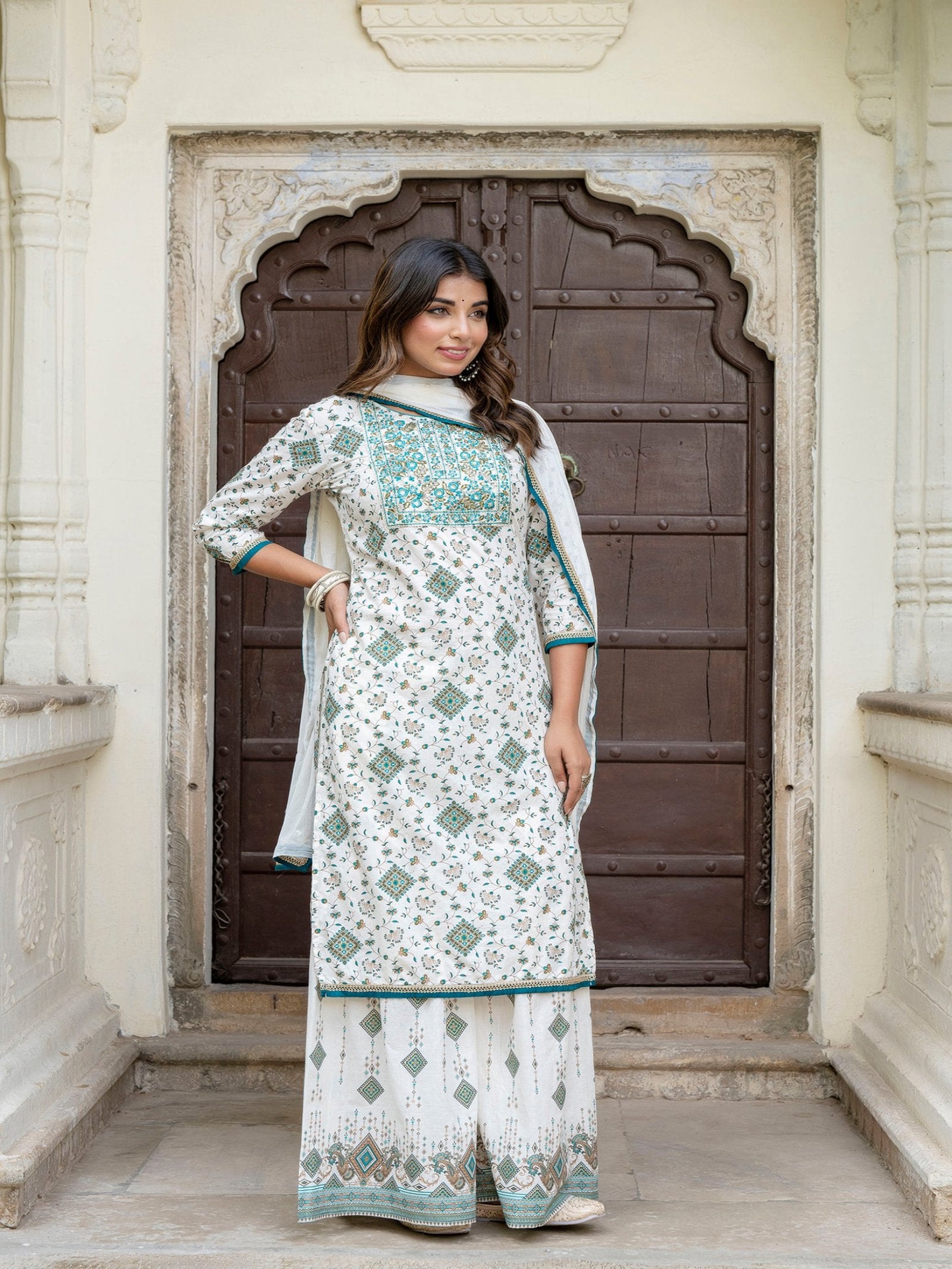 Maluka Women Cotton Foil Embroidered Kurta Sarara with Dupatta Set