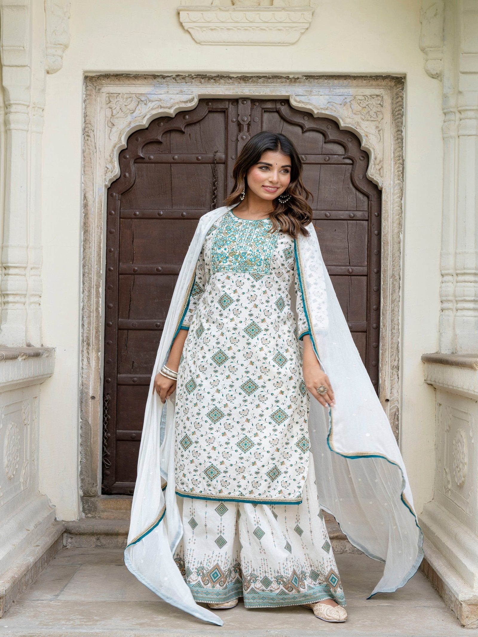 Maluka Women Cotton Foil Embroidered Kurta Sarara with Dupatta Set