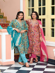 MALUKA WOMEN RAYON FOIL PRINTED KURTA PANT WITH DUPATTA SET