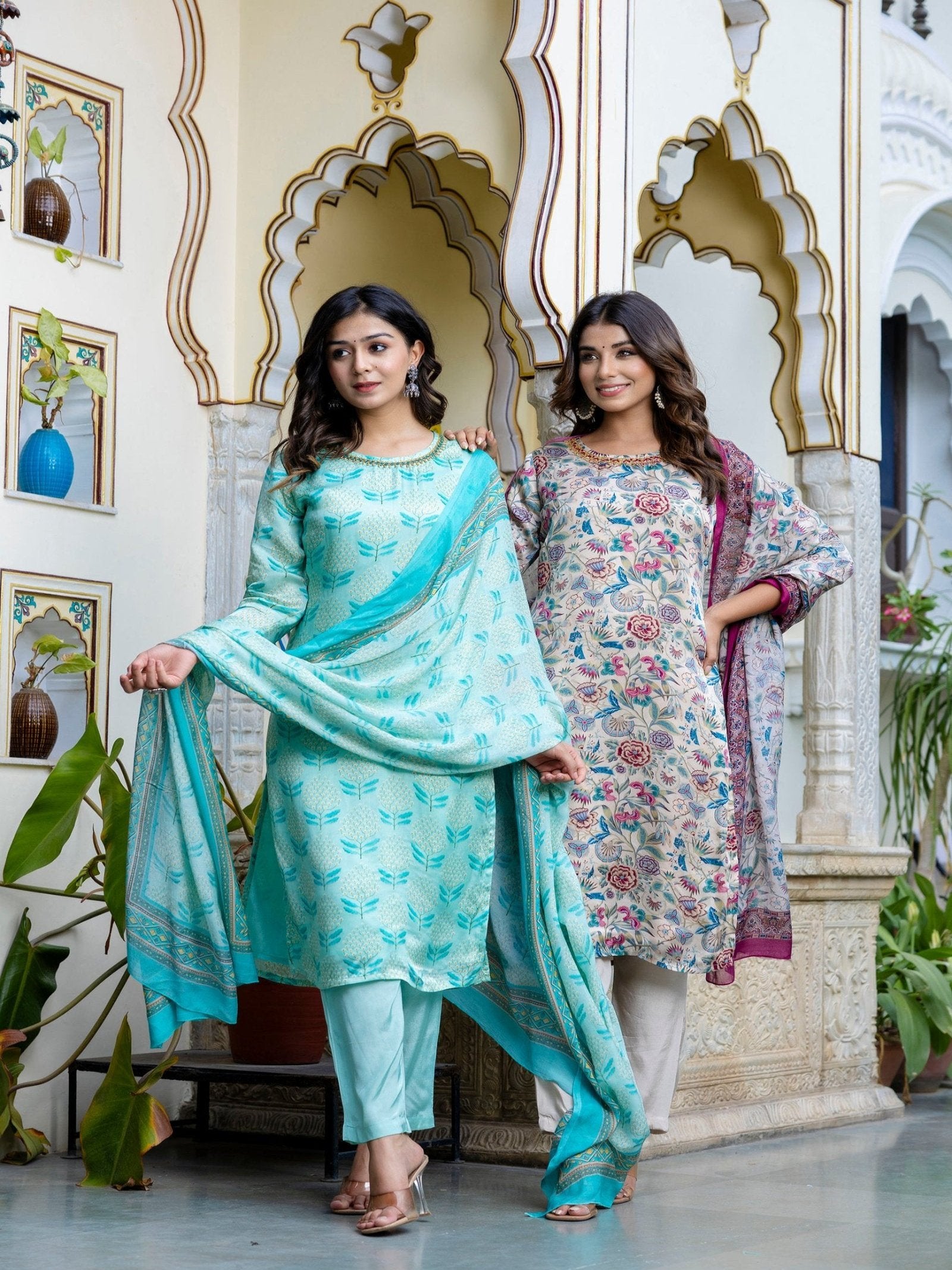 Maluka Women Digital Floral Organza on Embroidered Ethnic Set