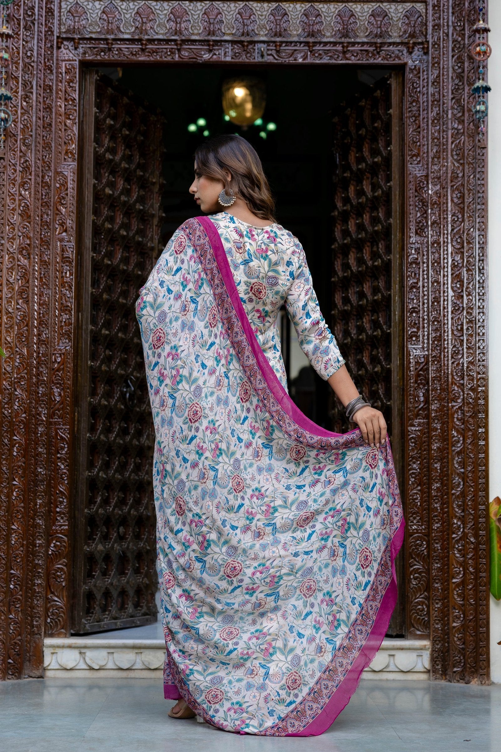 Maluka Women Digital Floral Organza on Embroidered Ethnic Set