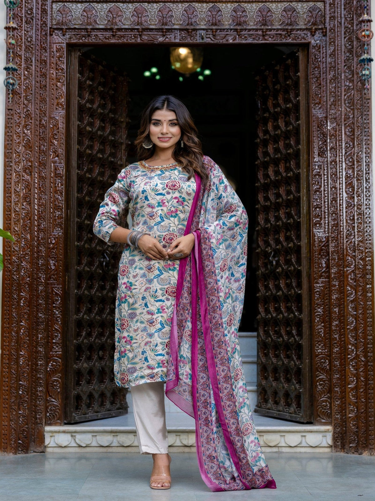 Maluka Women Digital Floral Organza on Embroidered Ethnic Set