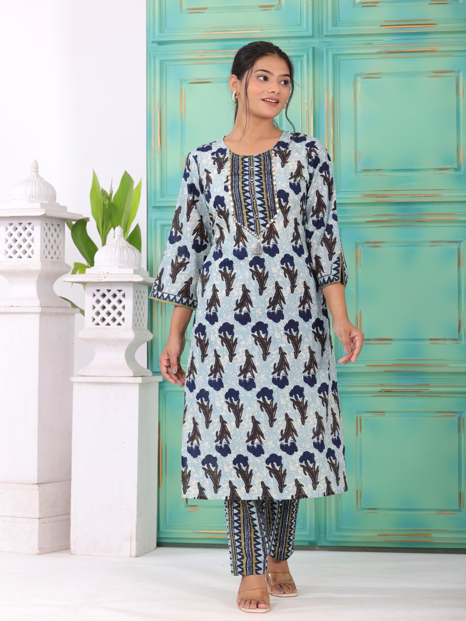 MALUKA WOMEN COTTON PRINTED MIRROR WORK KURTA PANT WITH DUPATTA SET