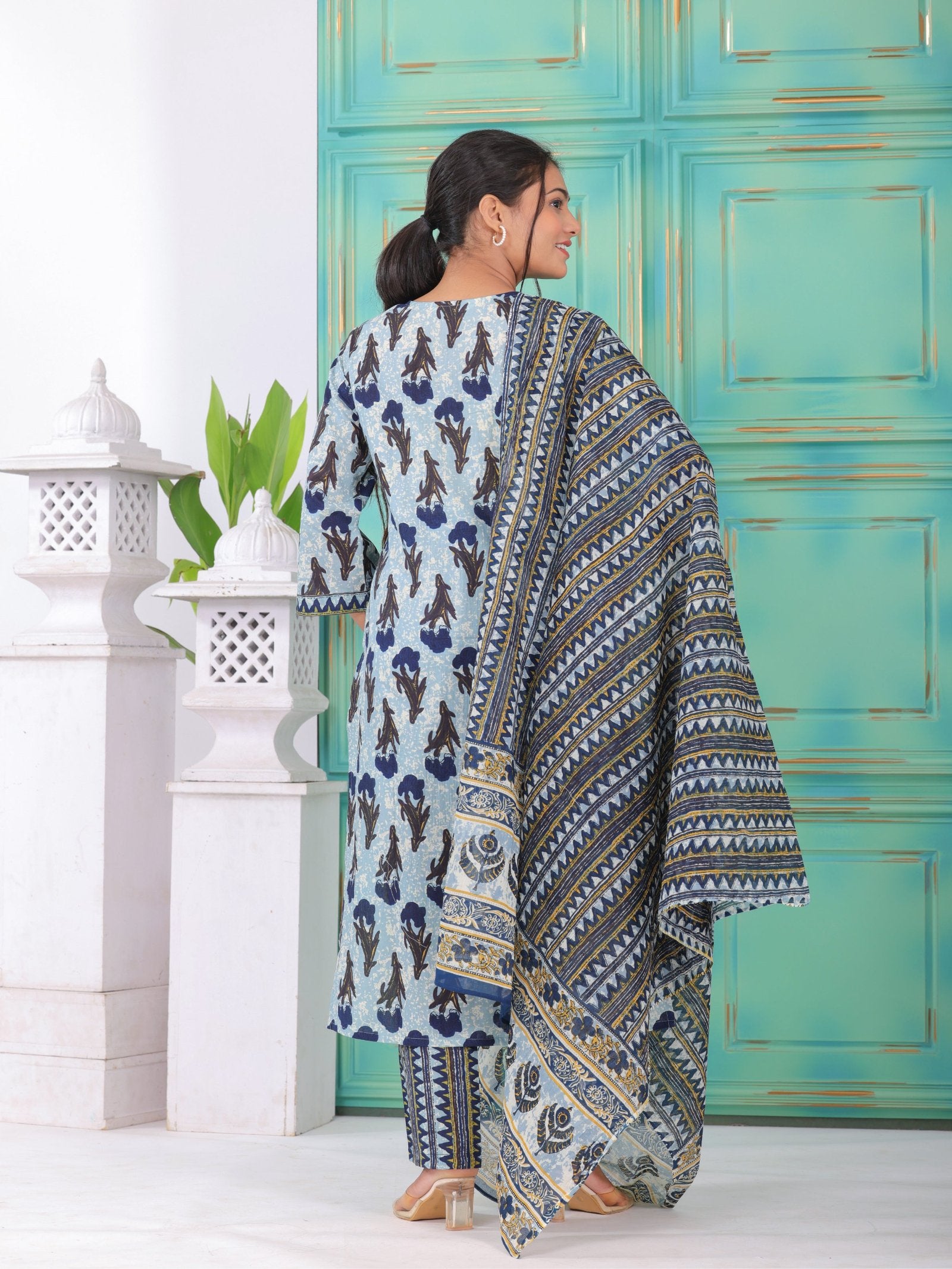 MALUKA WOMEN COTTON PRINTED MIRROR WORK KURTA PANT WITH DUPATTA SET