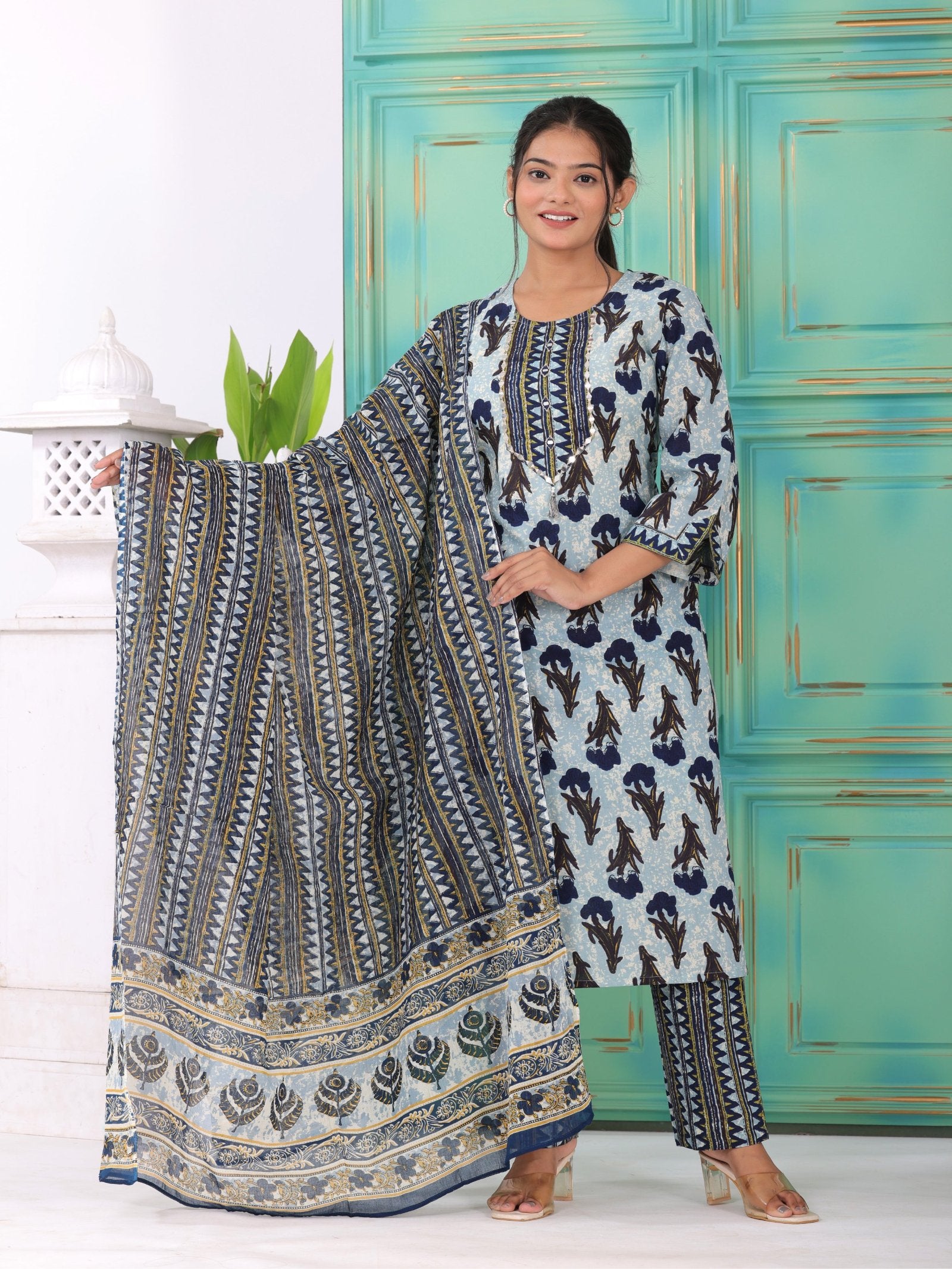 MALUKA WOMEN COTTON PRINTED MIRROR WORK KURTA PANT WITH DUPATTA SET