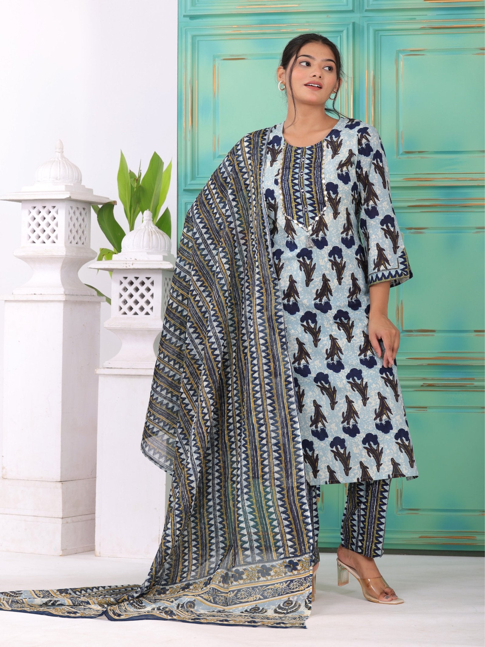 MALUKA WOMEN COTTON PRINTED MIRROR WORK KURTA PANT WITH DUPATTA SET