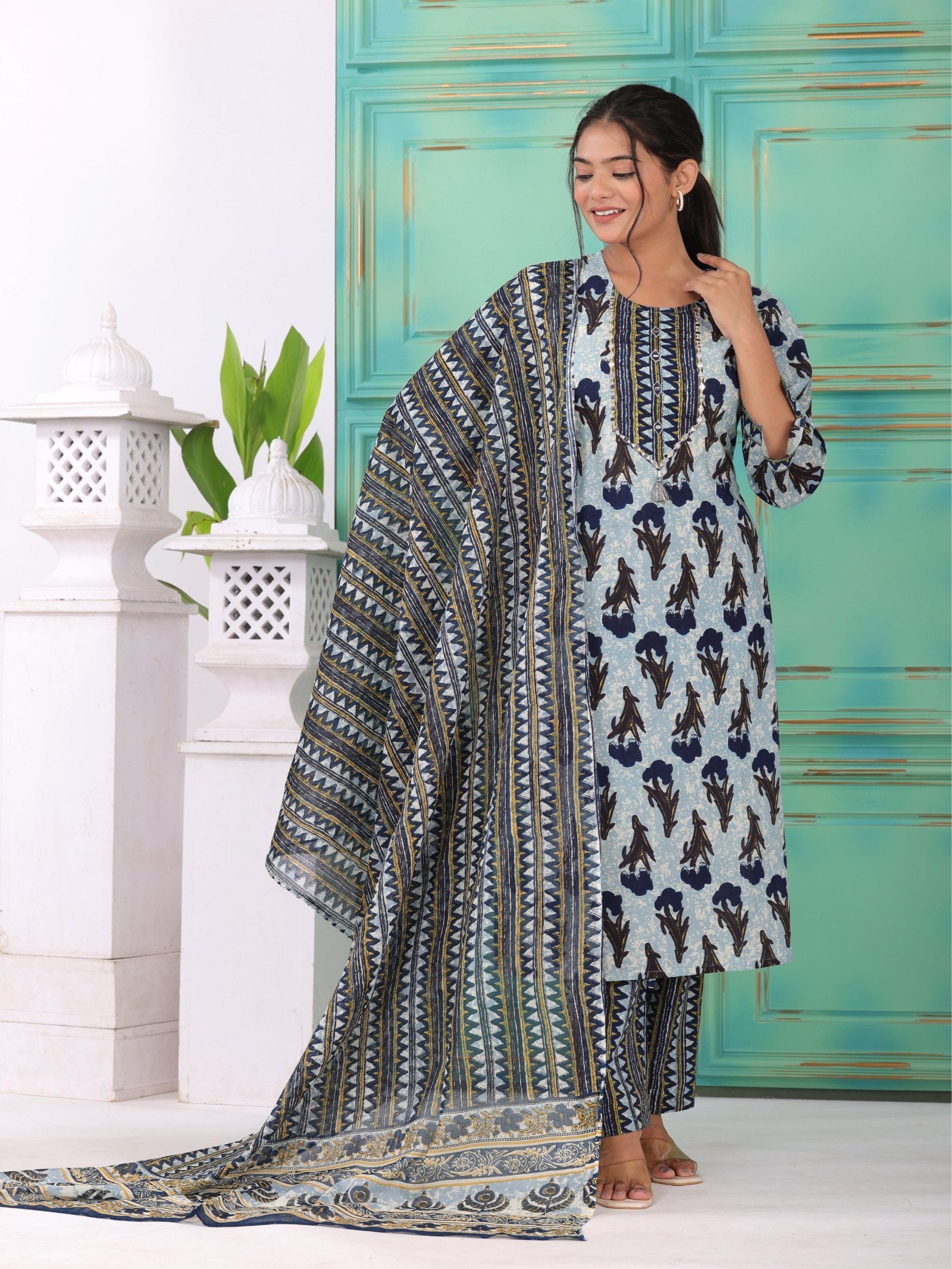 MALUKA WOMEN COTTON PRINTED MIRROR WORK KURTA PANT WITH DUPATTA SET