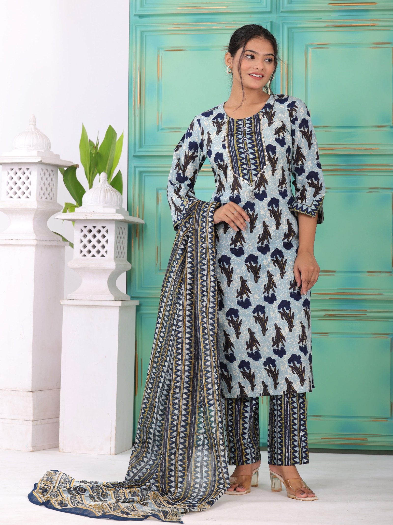 MALUKA WOMEN COTTON PRINTED MIRROR WORK KURTA PANT WITH DUPATTA SET