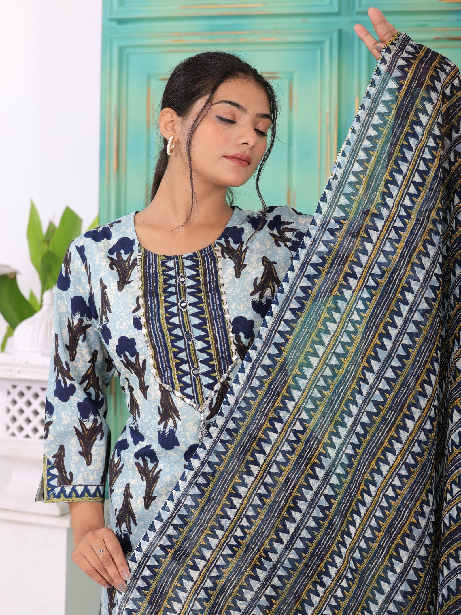 MALUKA WOMEN COTTON PRINTED MIRROR WORK KURTA PANT WITH DUPATTA SET