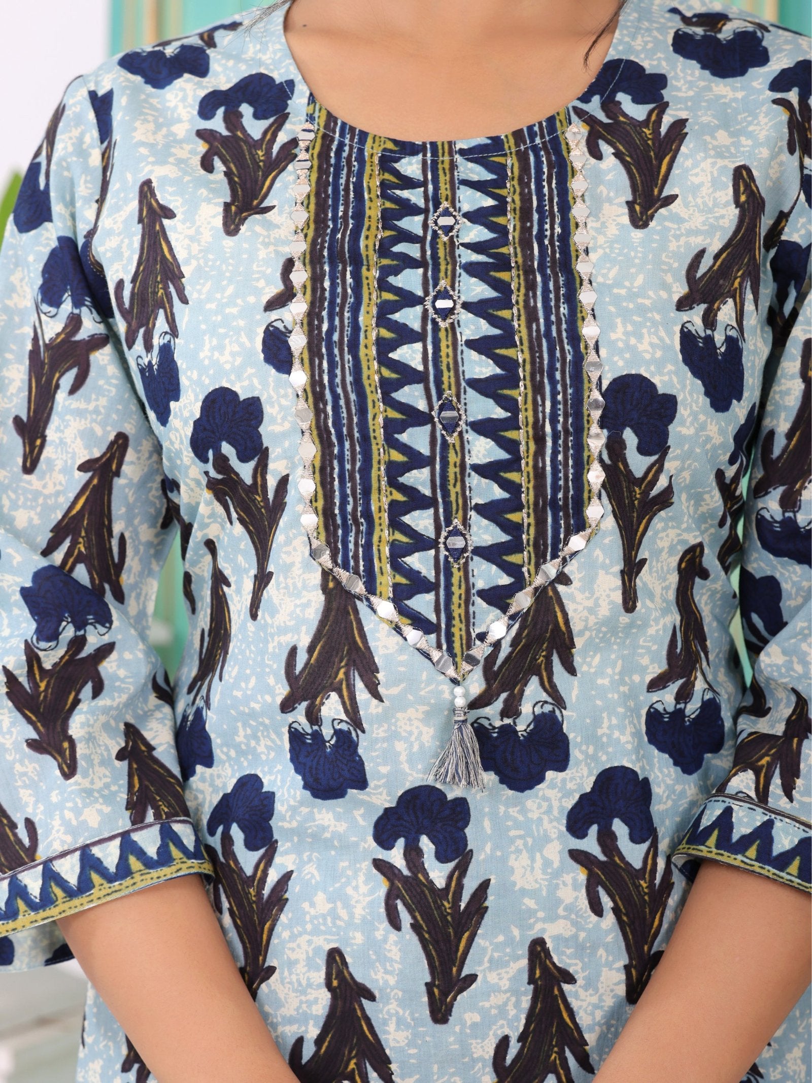 MALUKA WOMEN COTTON PRINTED MIRROR WORK KURTA PANT WITH DUPATTA SET