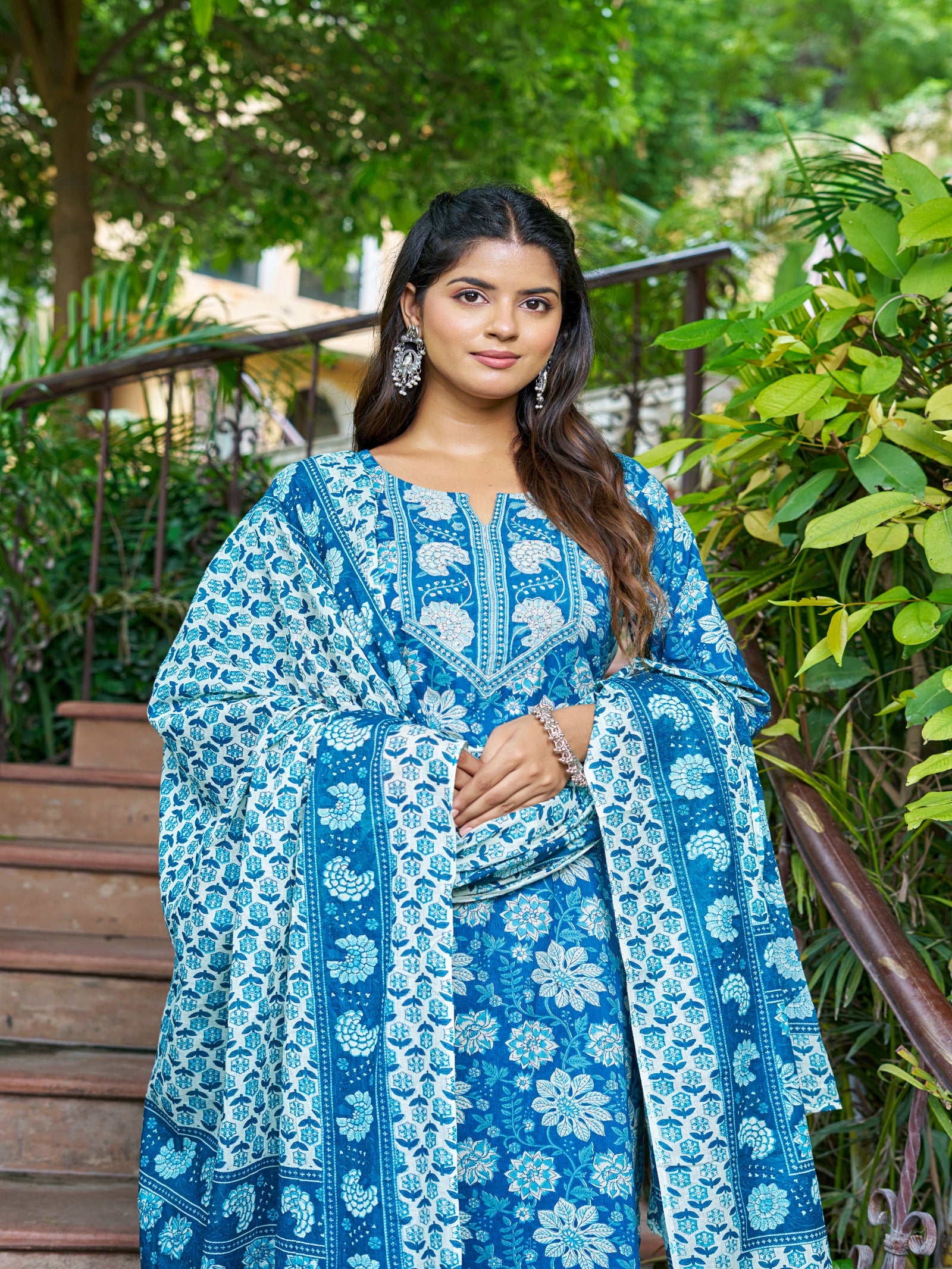 Maluka Women’s Blue, Yellow & Pink Floral Cotton Kurta Set with Dupatta