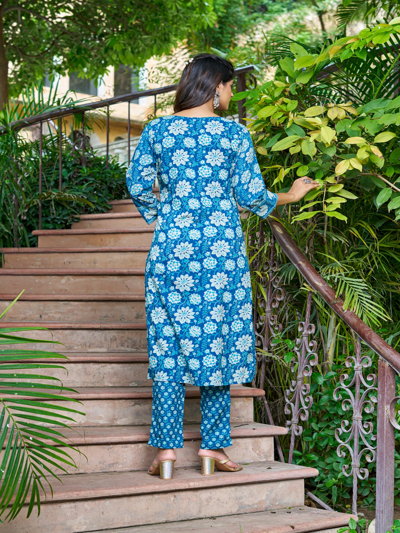 Maluka Women’s Blue, Yellow & Pink Floral Cotton Kurta Set with Dupatta