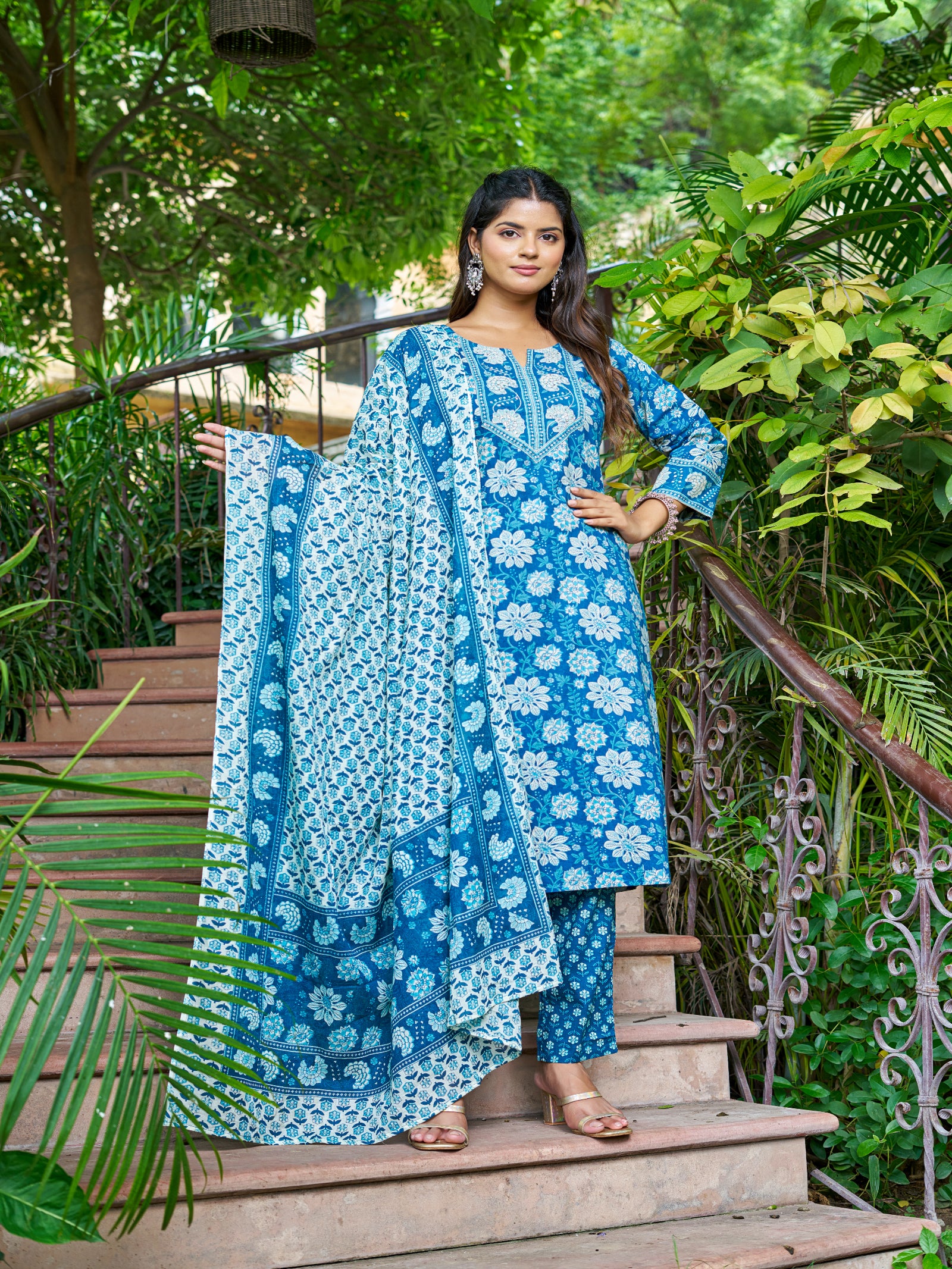 Maluka Women’s Blue, Yellow & Pink Floral Cotton Kurta Set with Dupatta