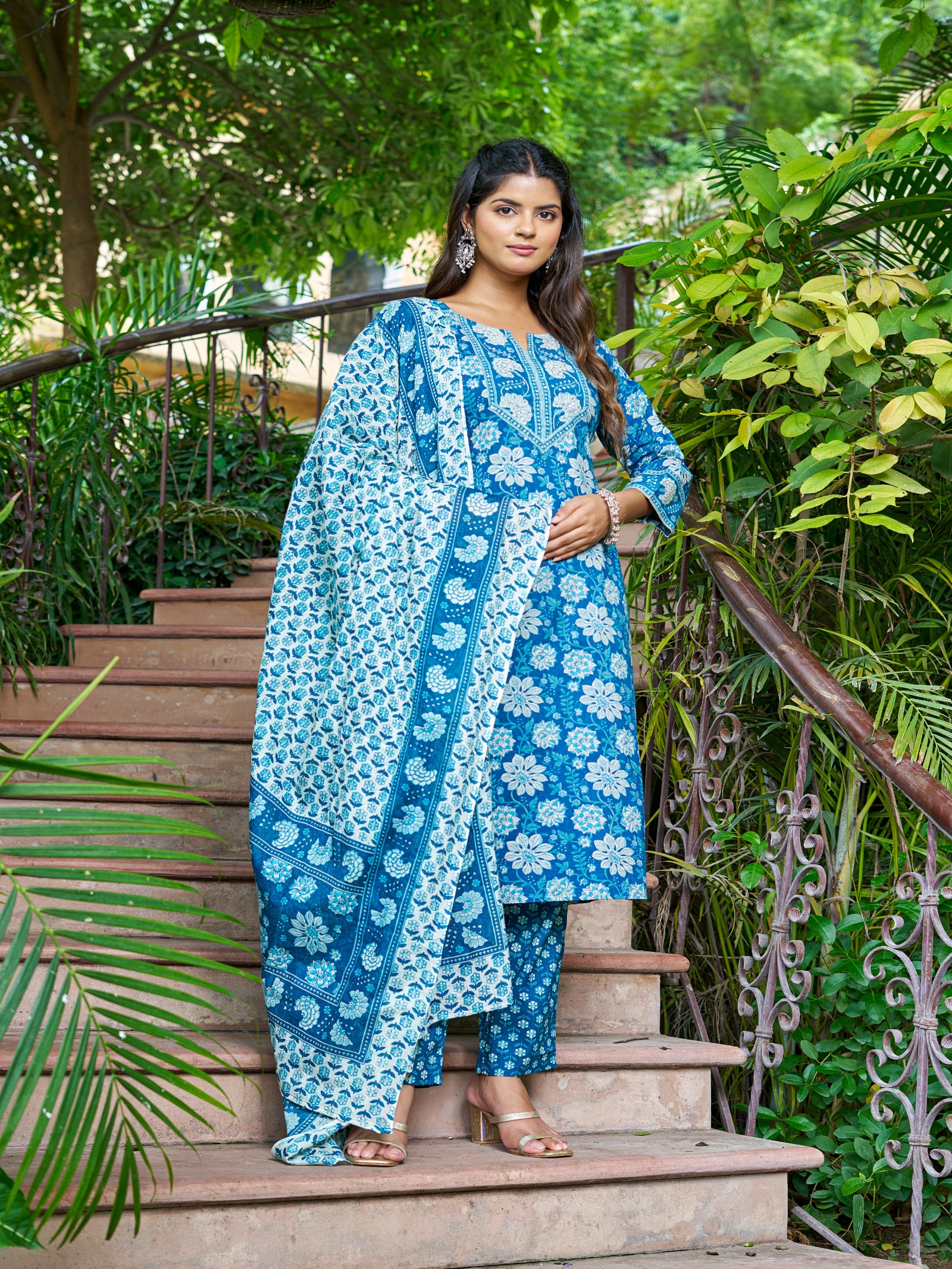 Maluka Women’s Blue, Yellow & Pink Floral Cotton Kurta Set with Dupatta