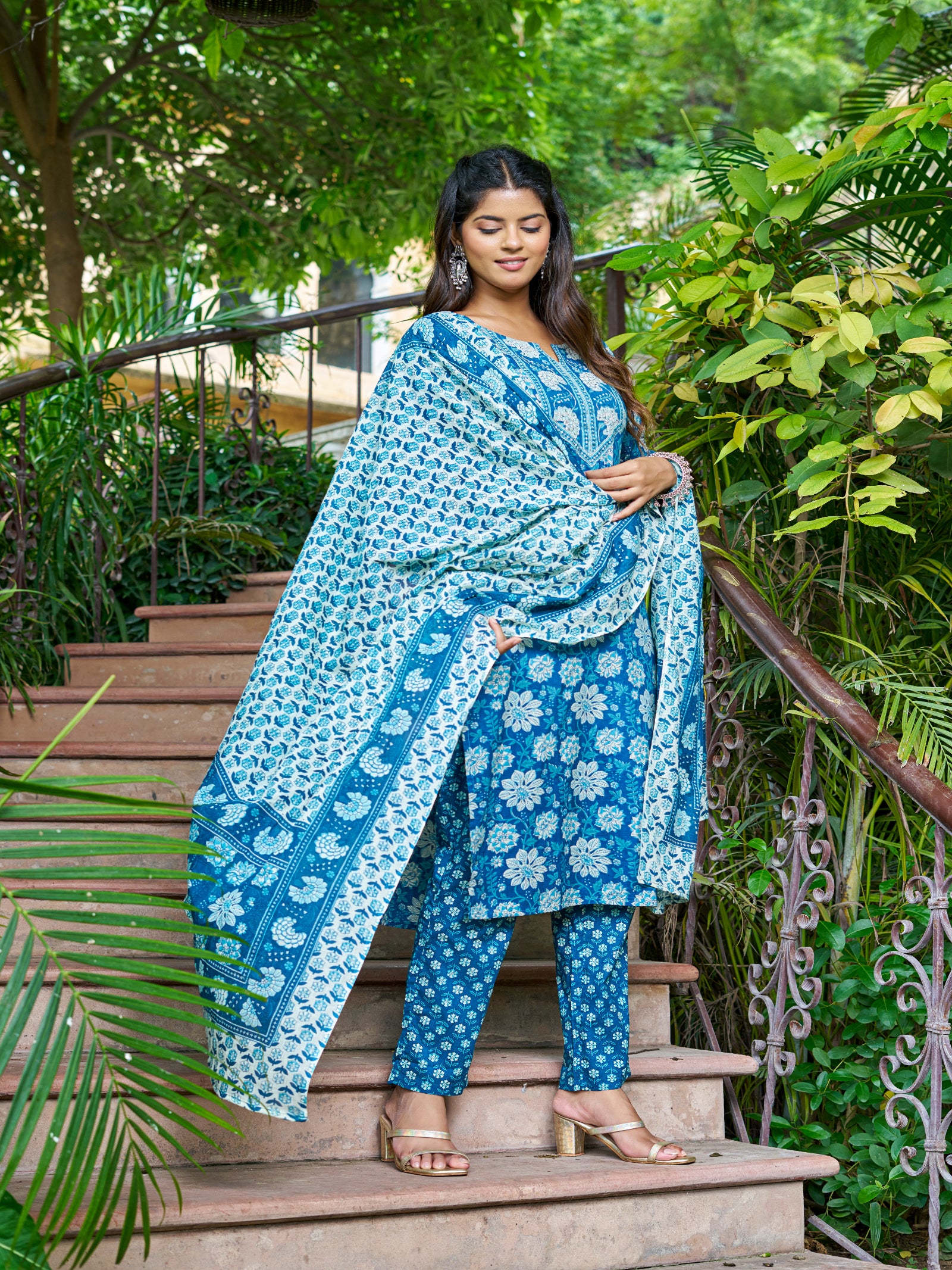 Maluka Women’s Blue, Yellow & Pink Floral Cotton Kurta Set with Dupatta