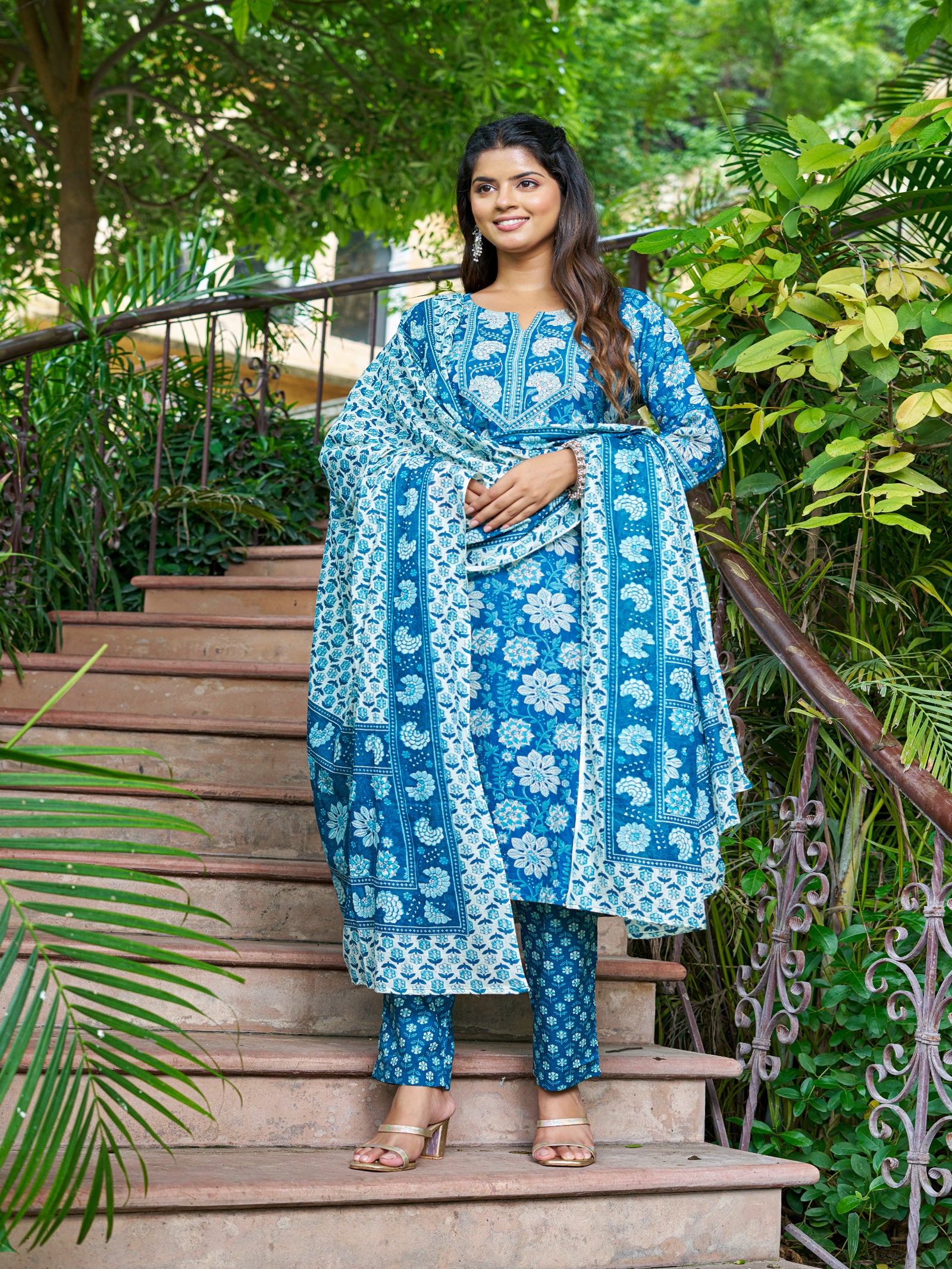 Maluka Women’s Blue, Yellow & Pink Floral Cotton Kurta Set with Dupatta