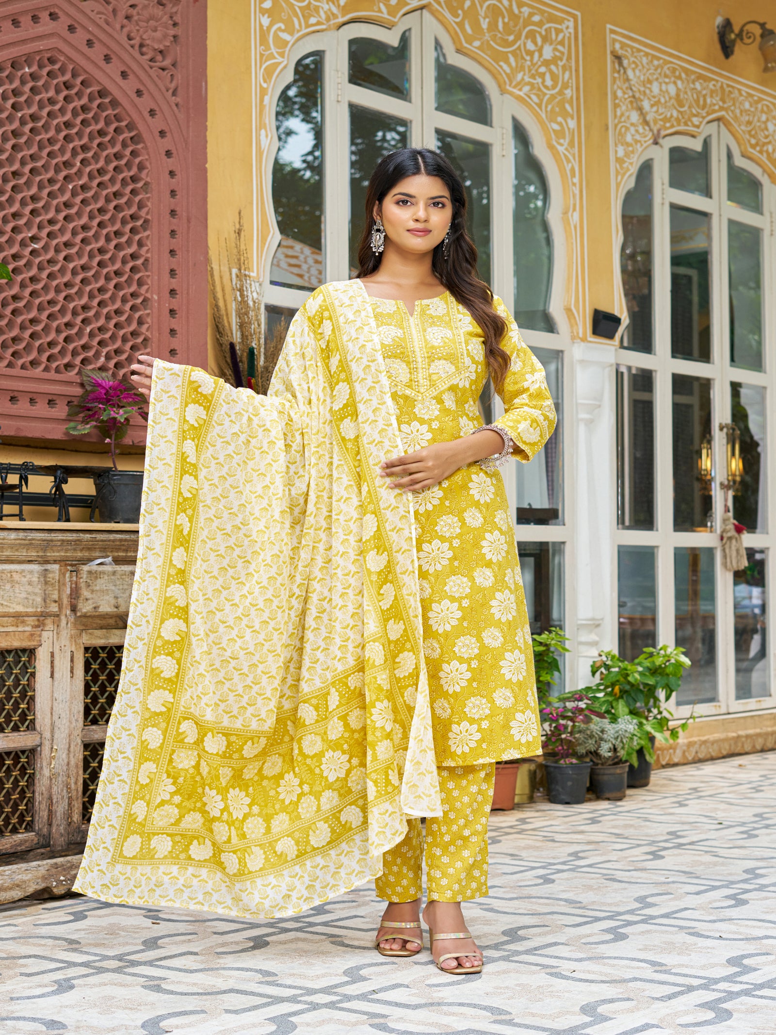 Maluka Women’s Blue, Yellow & Pink Floral Cotton Kurta Set with Dupatta