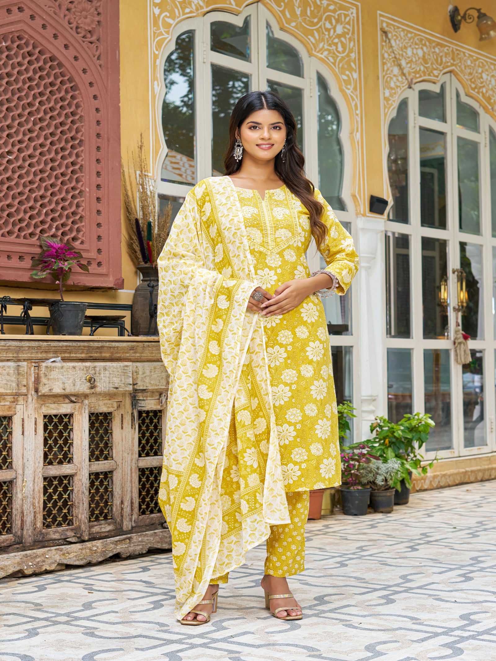 Maluka Women’s Blue, Yellow & Pink Floral Cotton Kurta Set with Dupatta