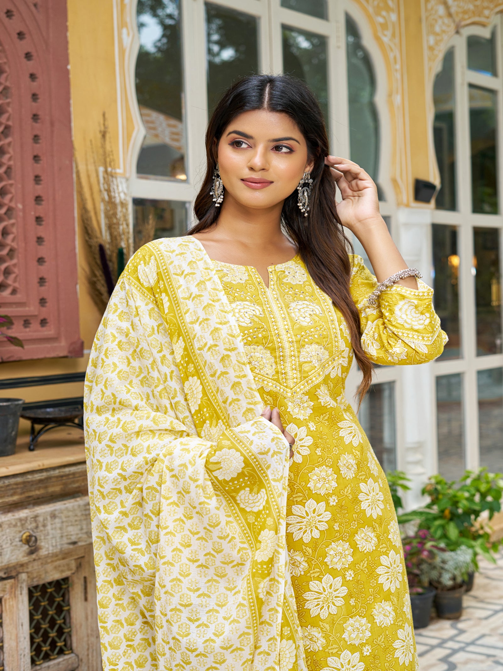 Maluka Women’s Blue, Yellow & Pink Floral Cotton Kurta Set with Dupatta