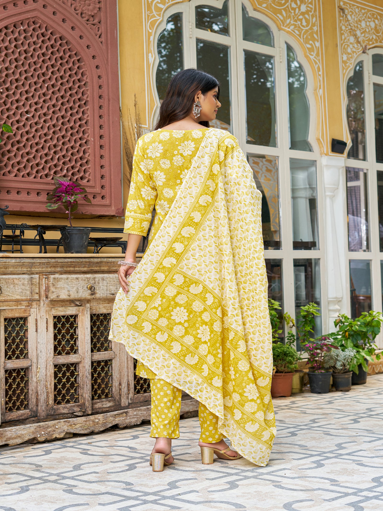 Maluka Women’s Blue, Yellow & Pink Floral Cotton Kurta Set with Dupatta