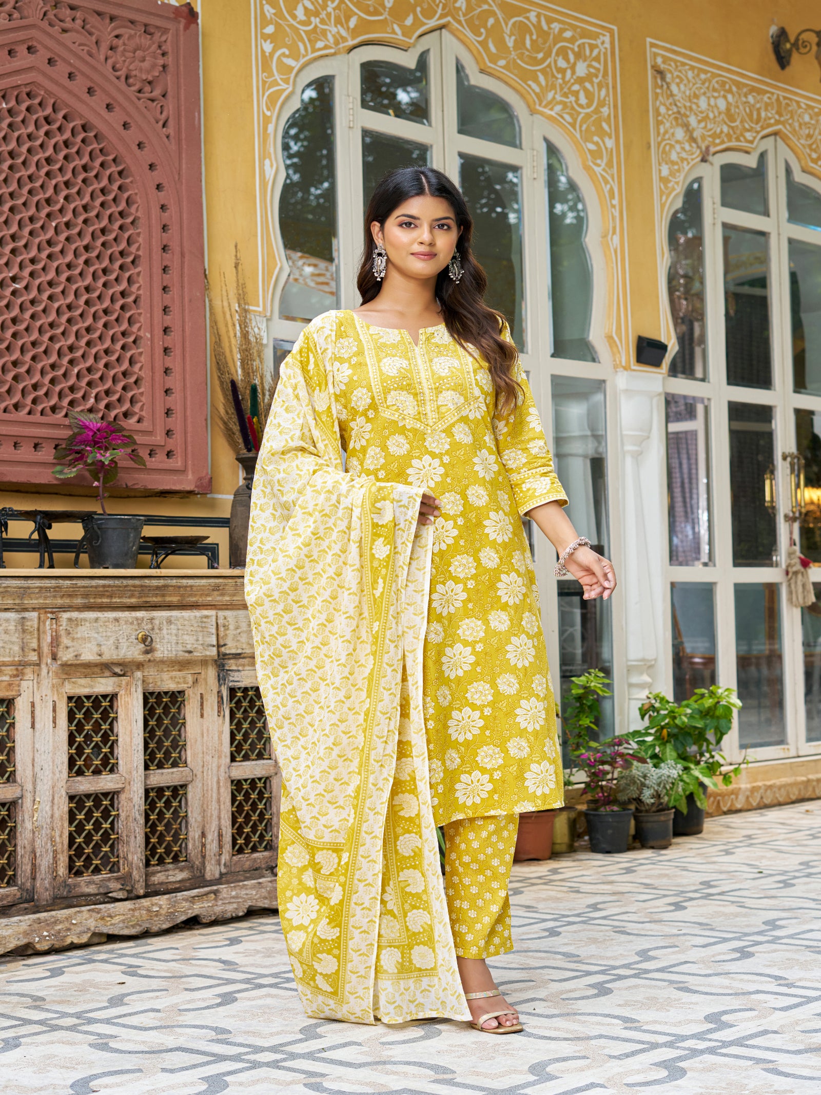 Maluka Women’s Blue, Yellow & Pink Floral Cotton Kurta Set with Dupatta