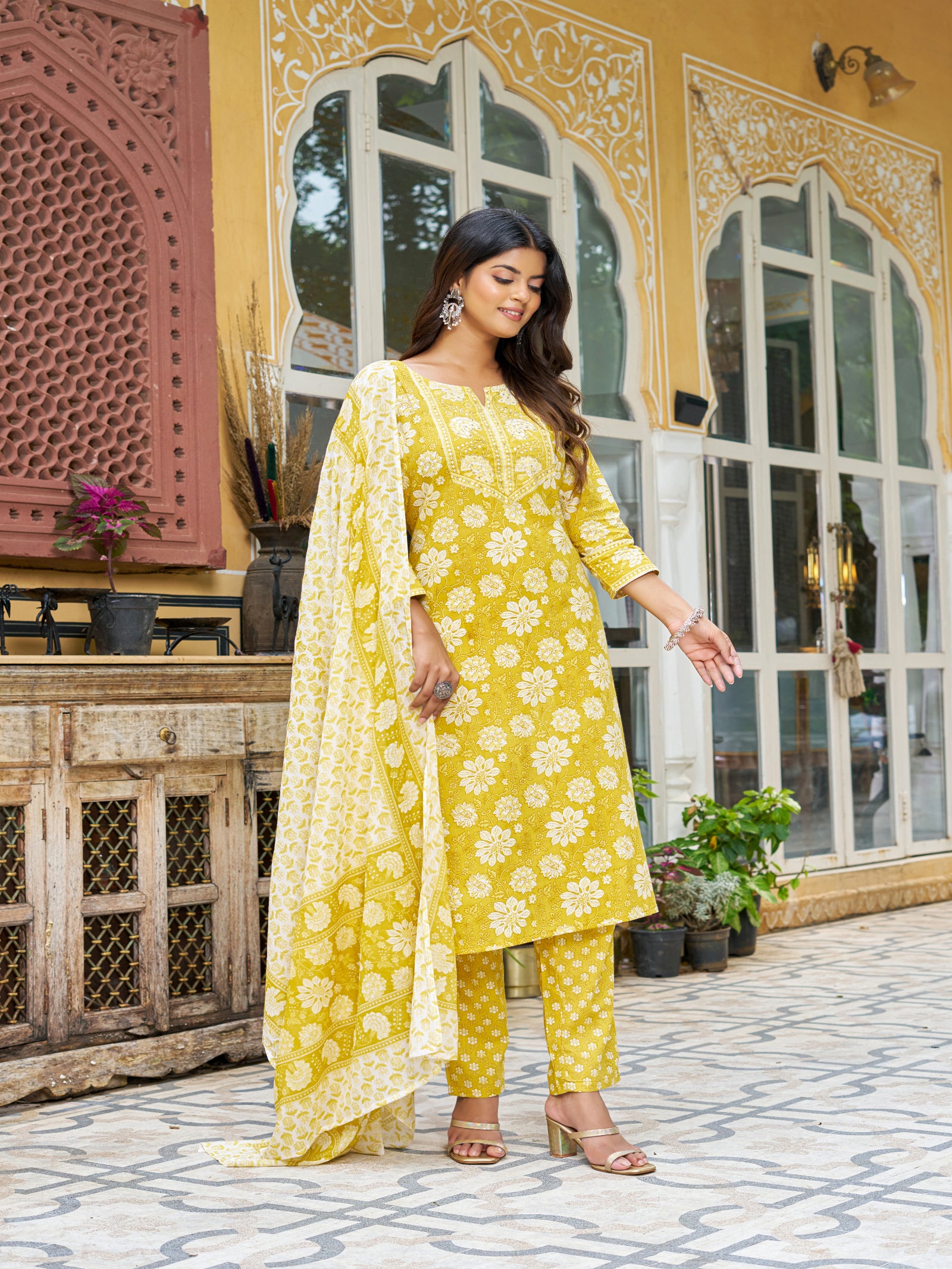 Maluka Women’s Blue, Yellow & Pink Floral Cotton Kurta Set with Dupatta