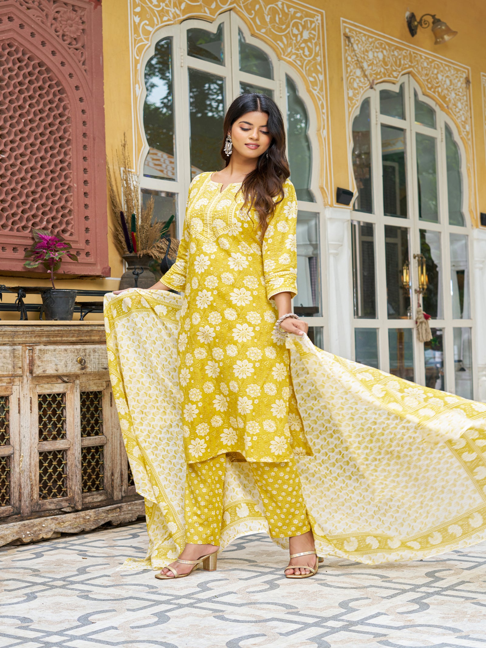 Maluka Women’s Blue, Yellow & Pink Floral Cotton Kurta Set with Dupatta