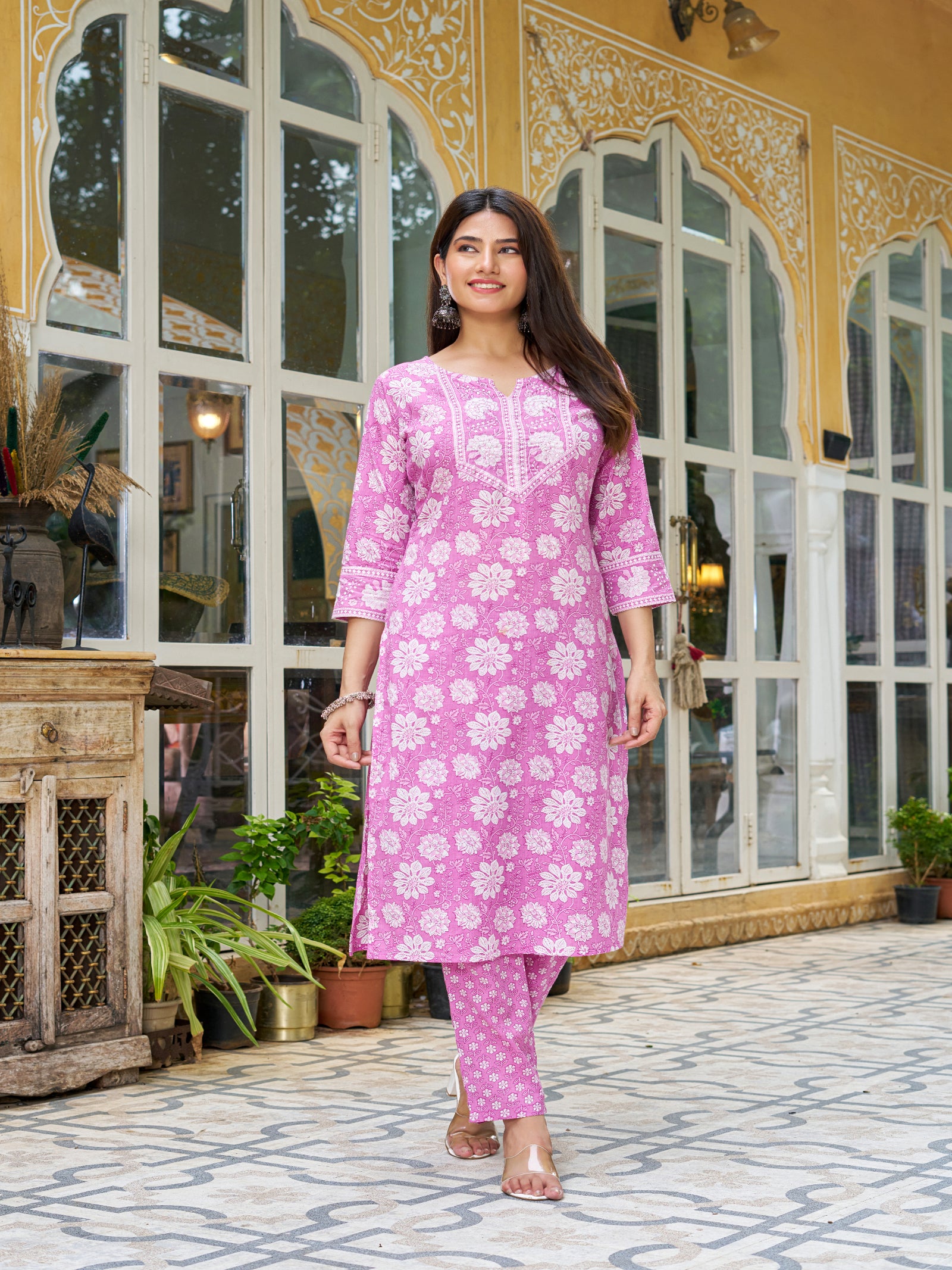 Maluka Women’s Blue, Yellow & Pink Floral Cotton Kurta Set with Dupatta